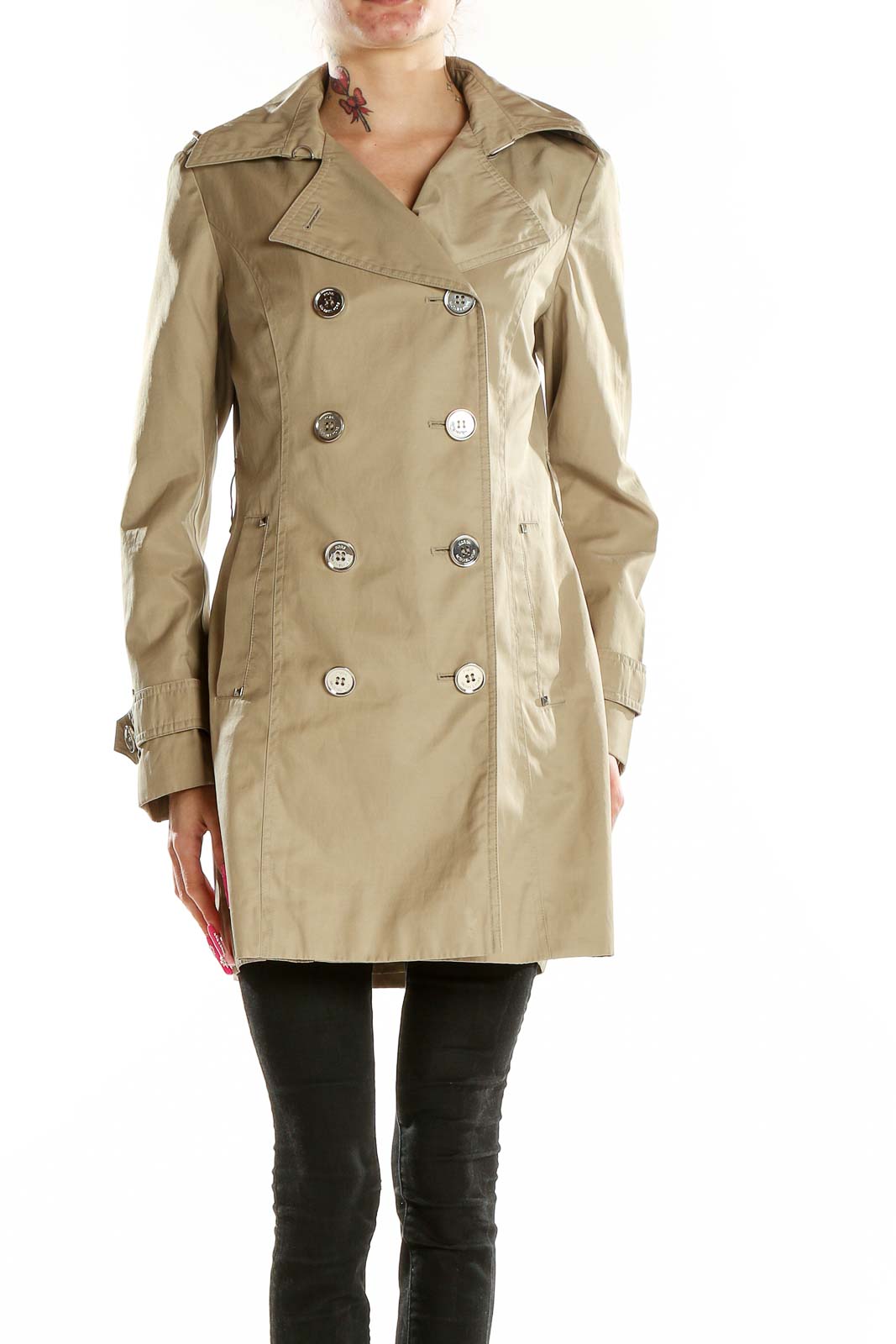 Beige Double Breasted Notch Lapel Coat Front
