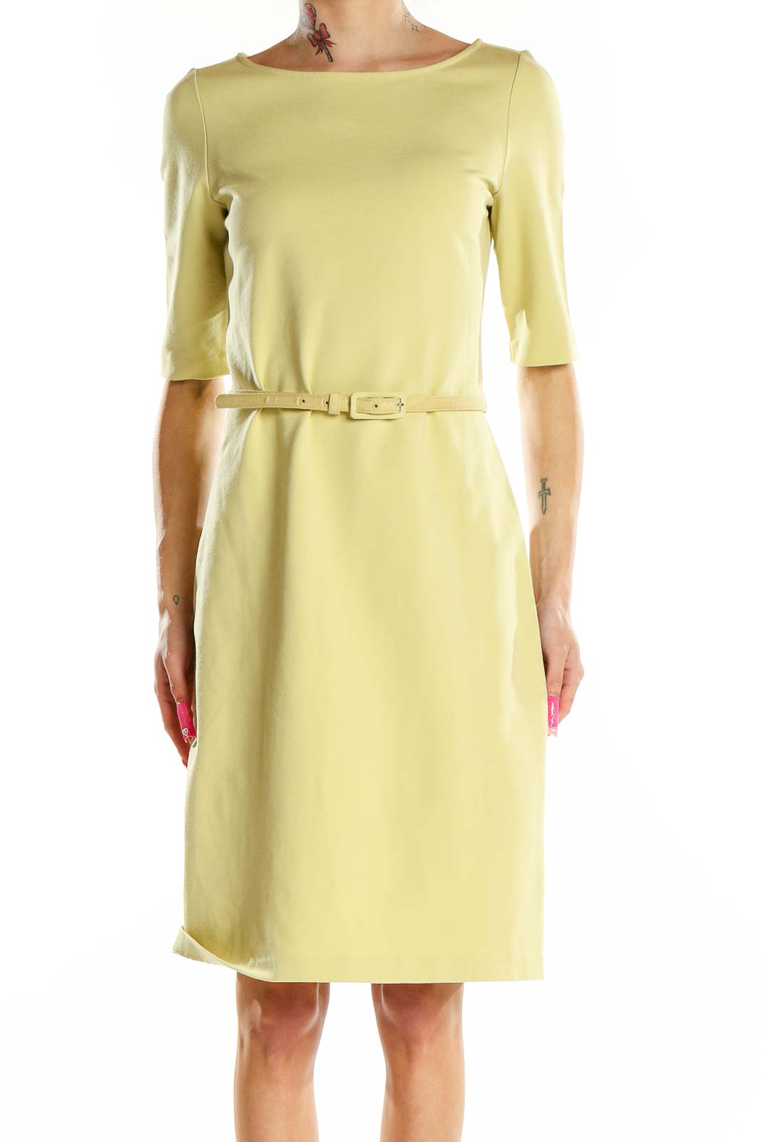 Yellow Belted Office Wear Dress Front