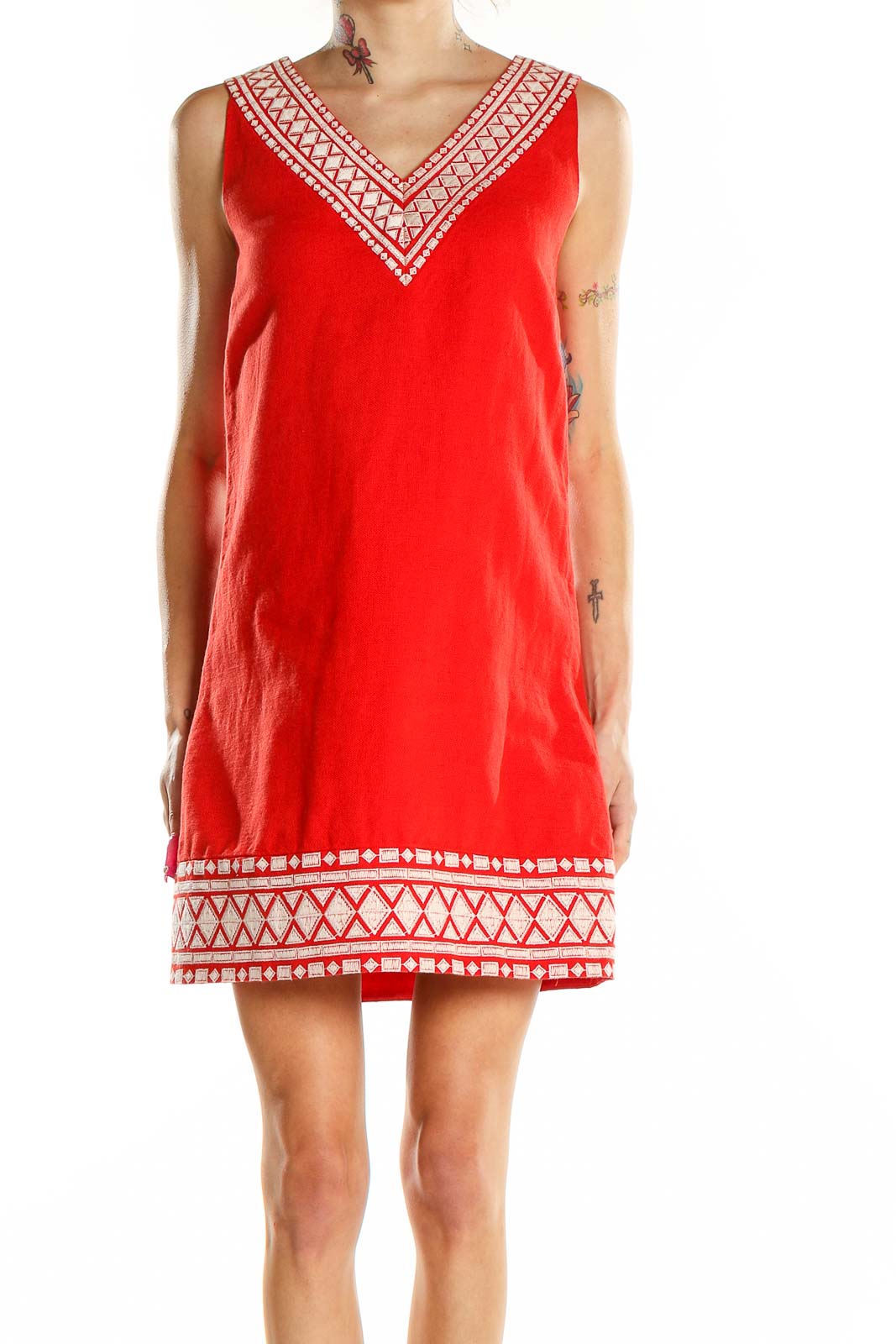Red Metallic Embroidered A-Line Dress Front