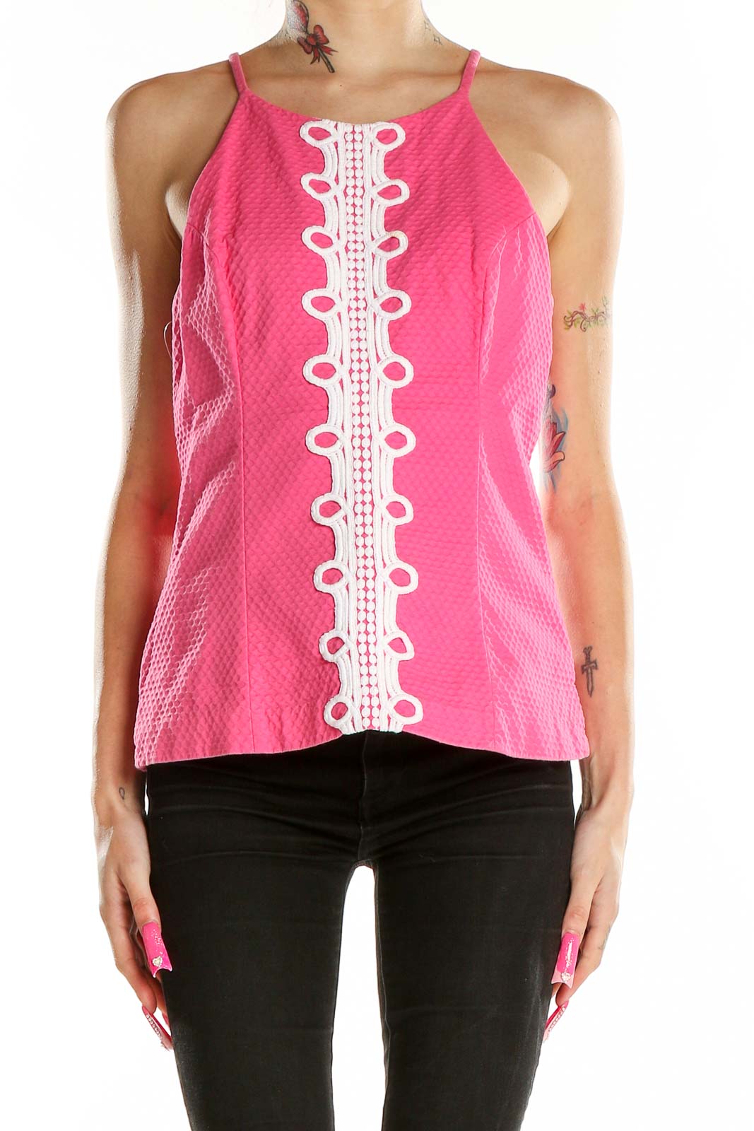 Pink White Lace High Neck Top Front