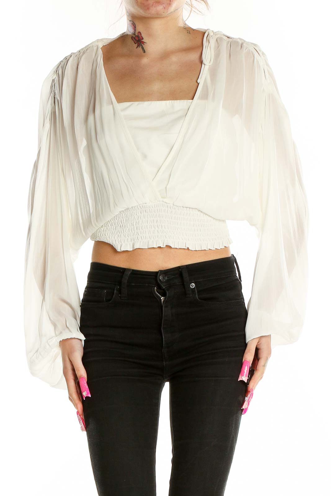 White Long Sleeve Two Piece Cropped Blouse Front