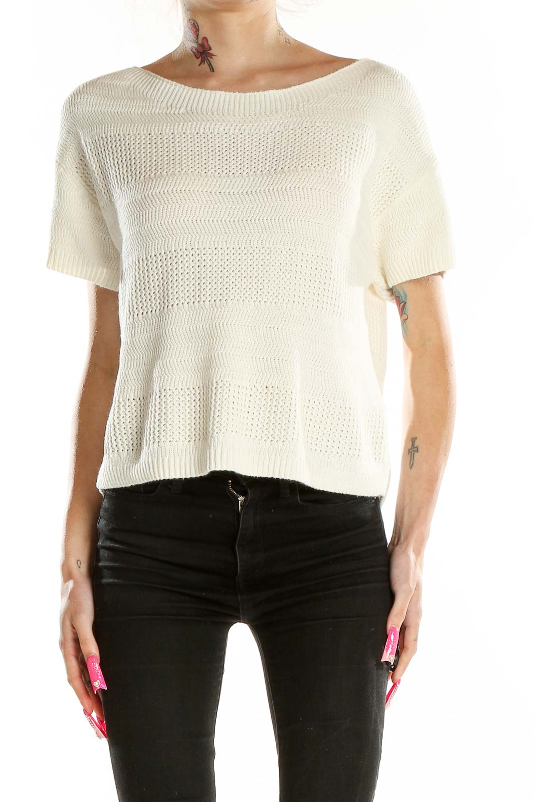 White Boatneck Knit Top Front