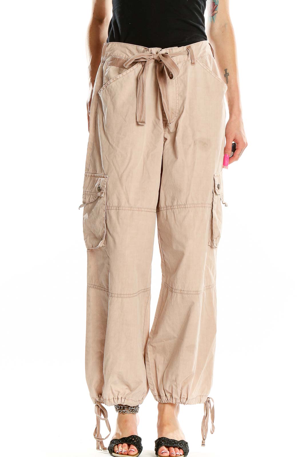 Beige Relaxed Full Length Carpenter Pants Front
