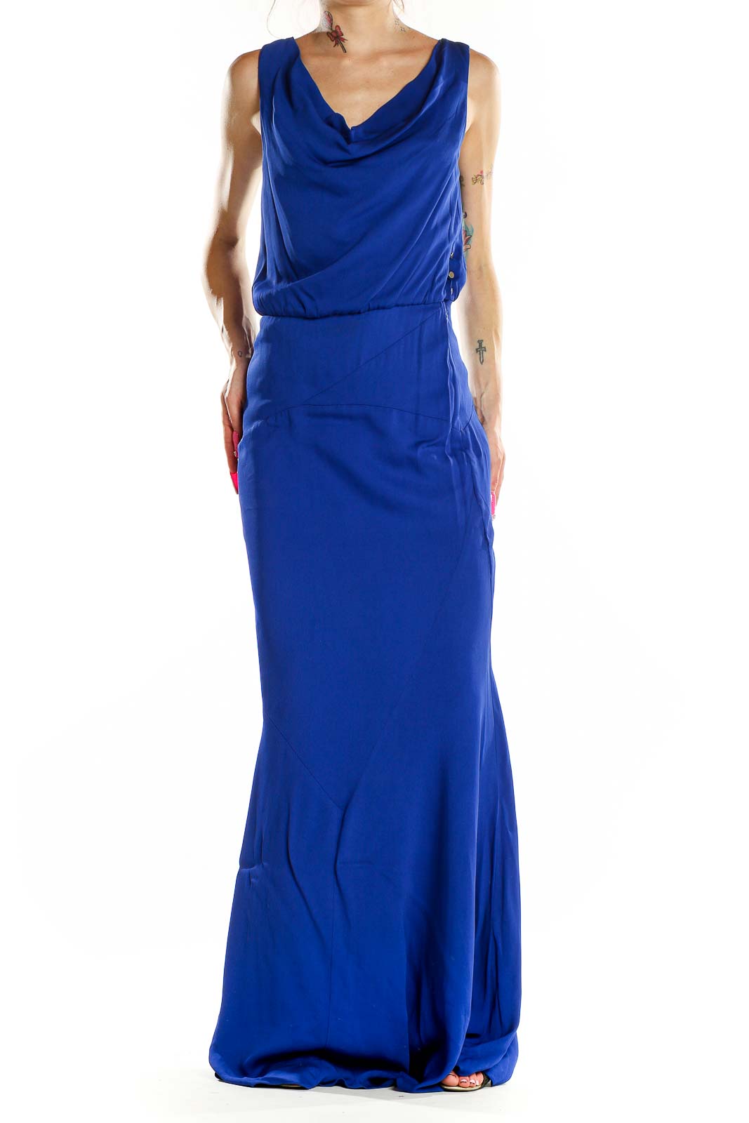 Blue Floor Length Cowl Neck Evening Dress Front