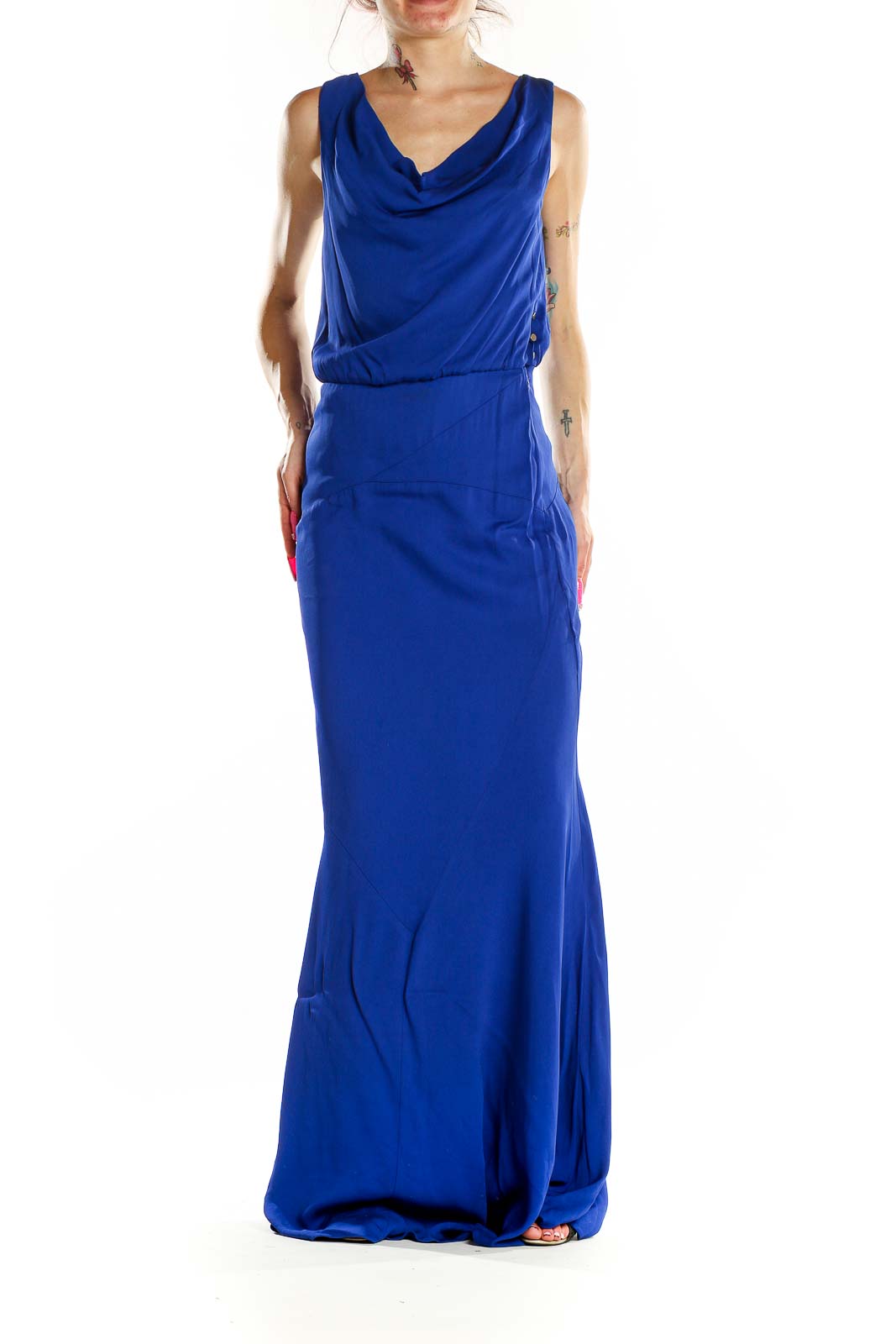 Nicole Miller Blue Floor Length Cowl Neck Evening Dress