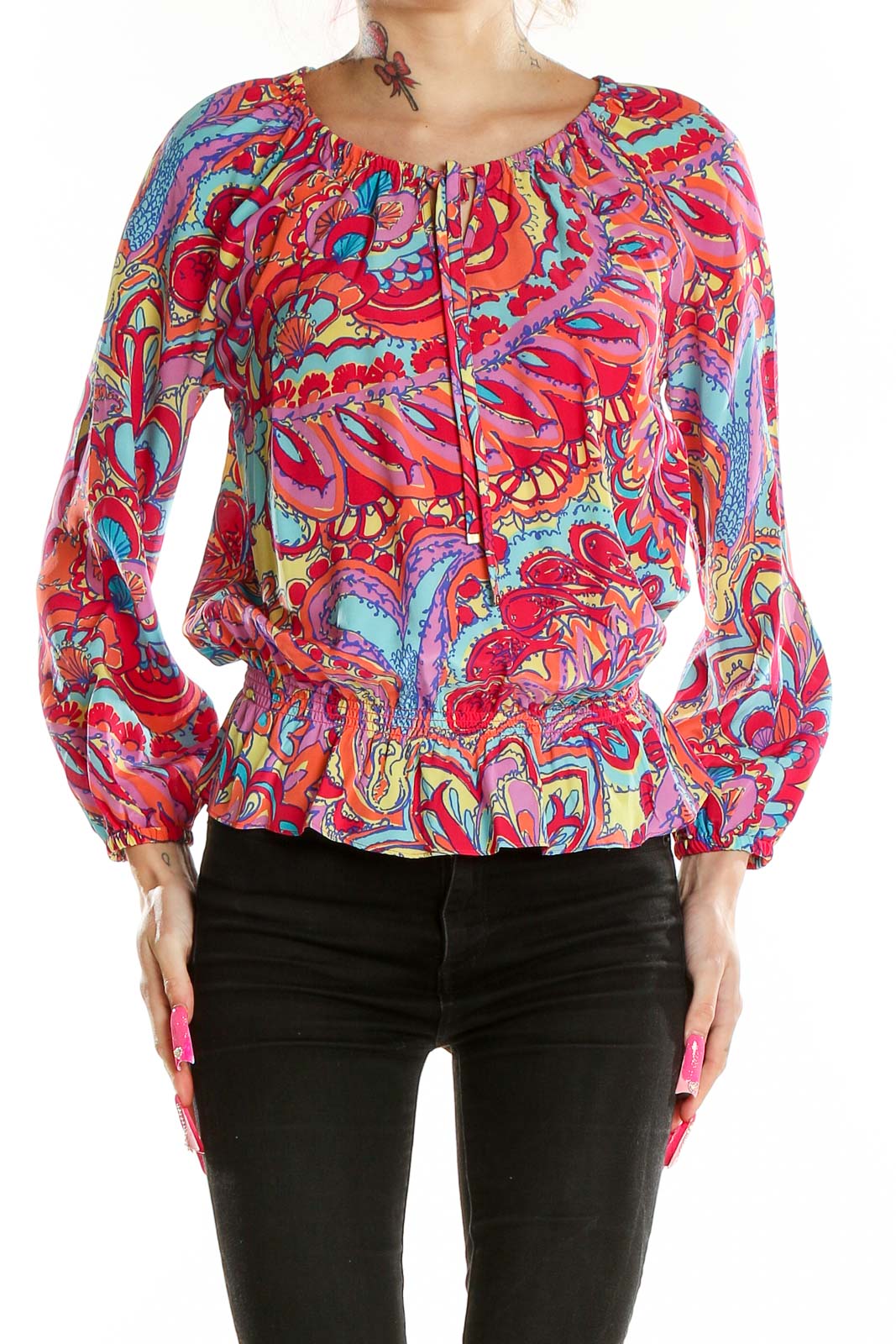 Multicolor Printed Long Sleeve Blouse Front