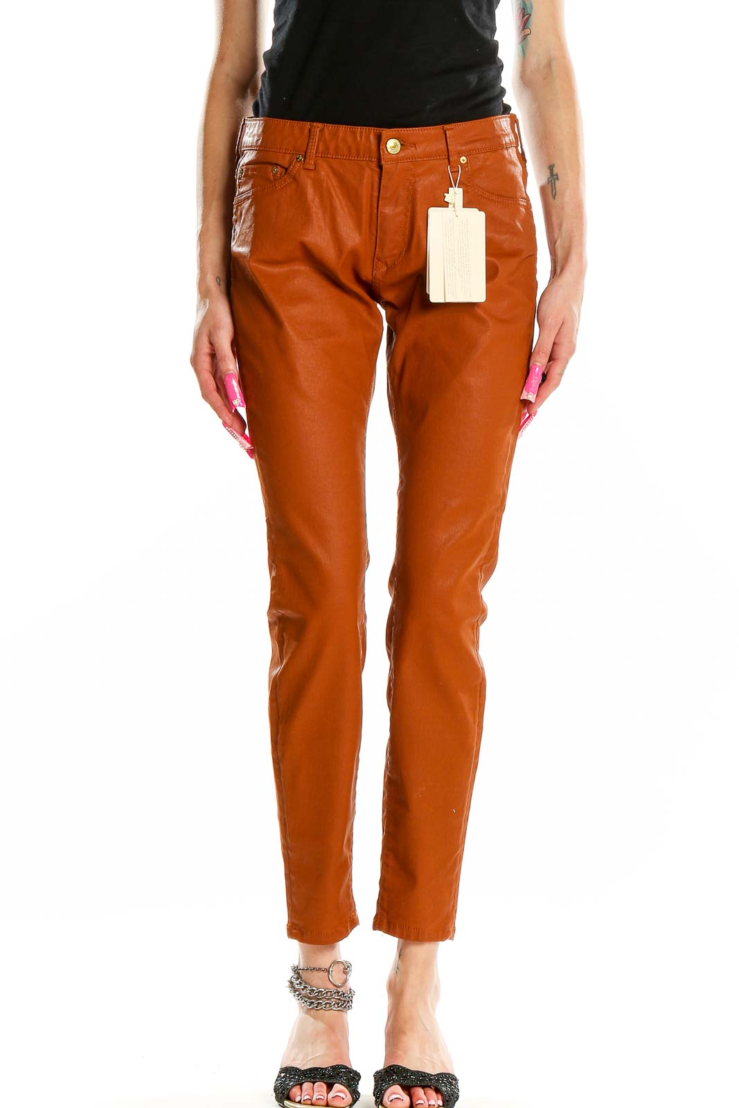 Brown Coated Texture Skinny Pants Front