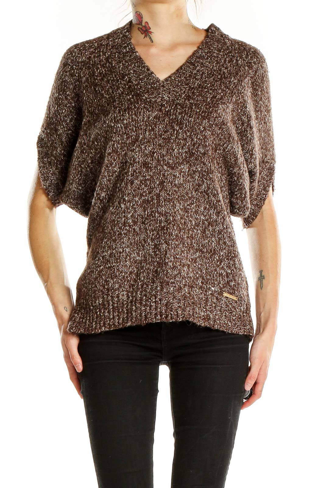 Brown V Neck Shorts Sleeve Sweater Front