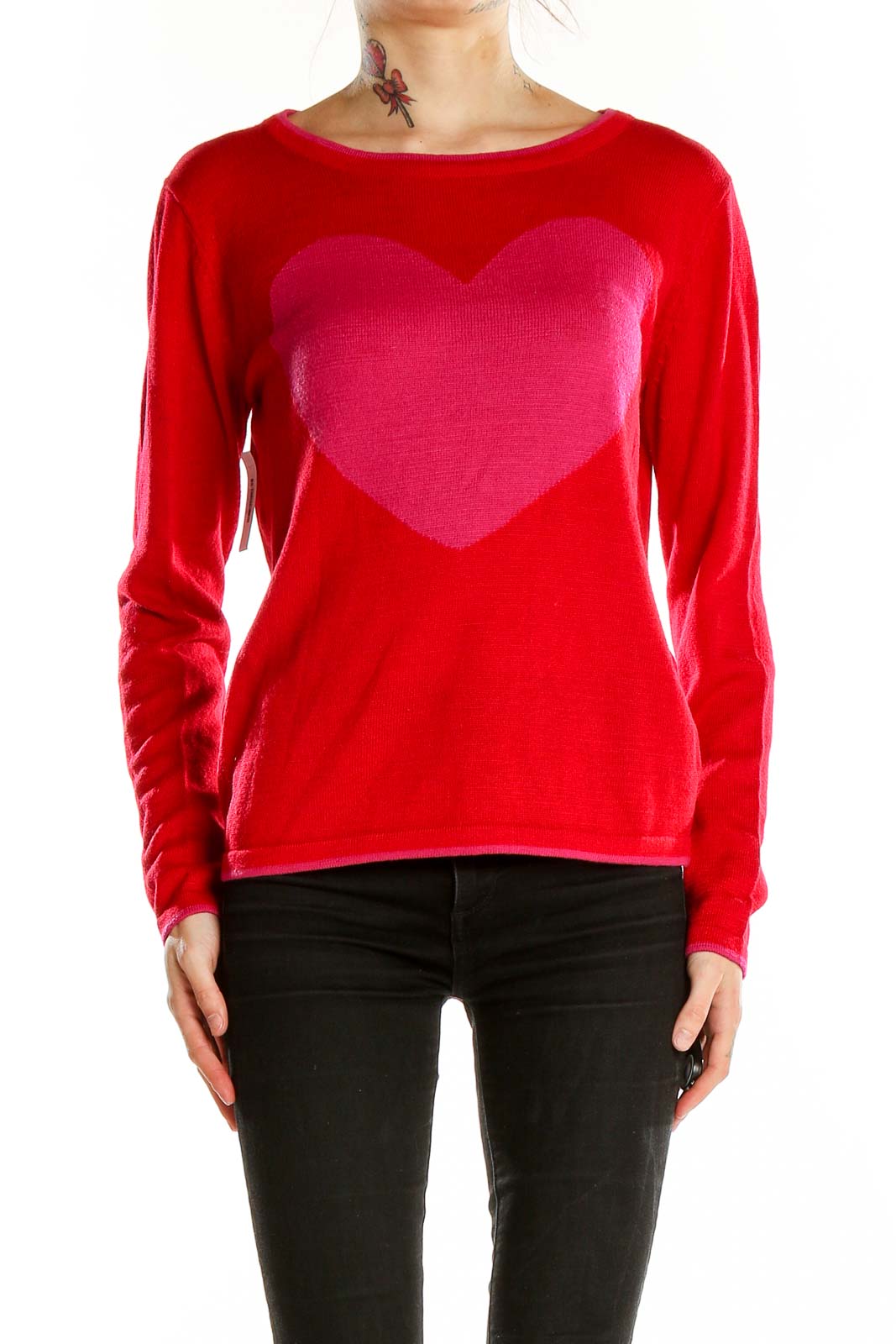 Red Heart Print Sweater Front