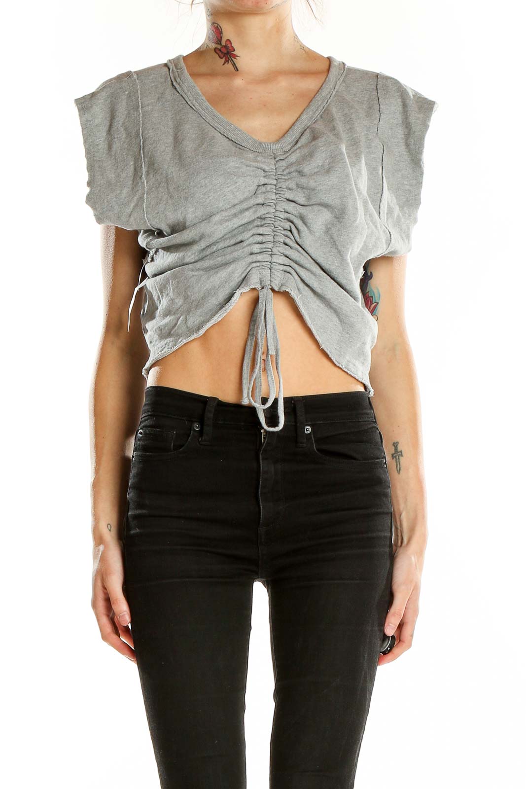 Grey Ruched Crop Top Front