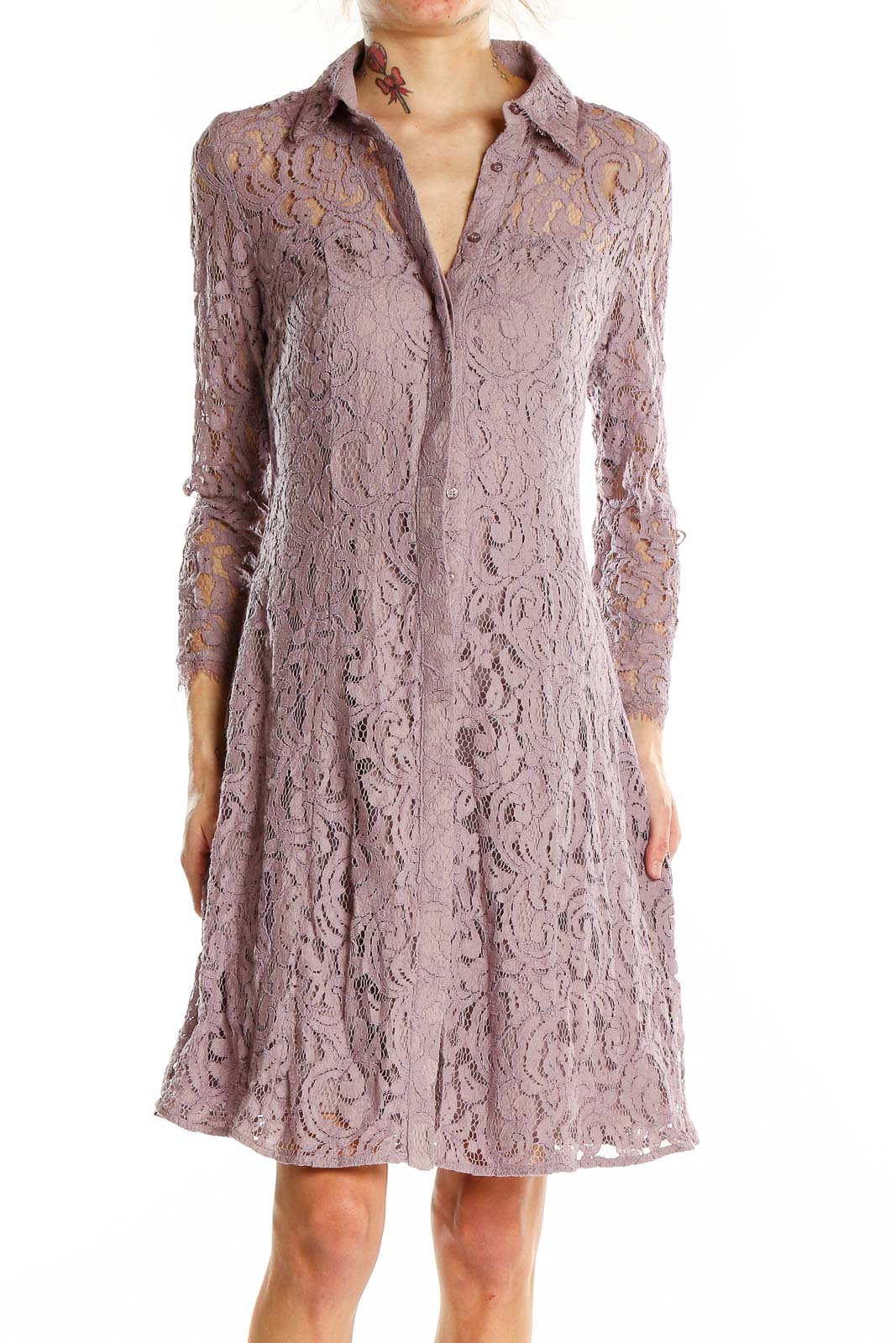Purple Flare Lace Collared Dress Front