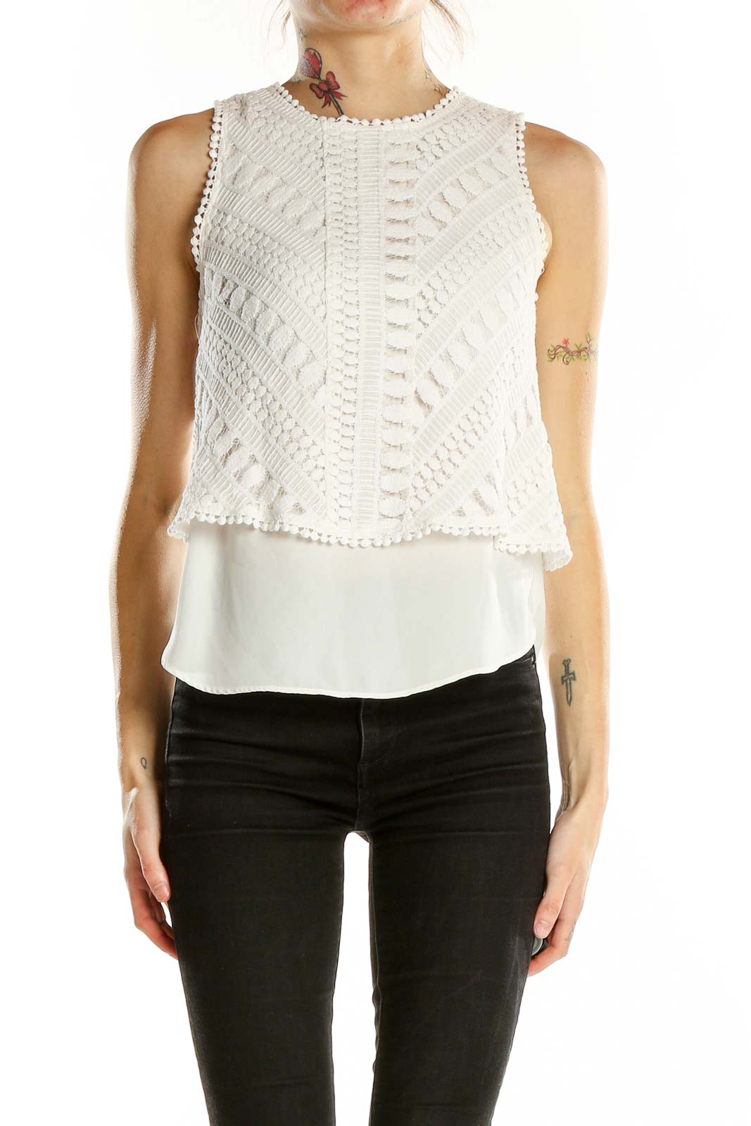 White Sleeveless Layered Lace Top Front