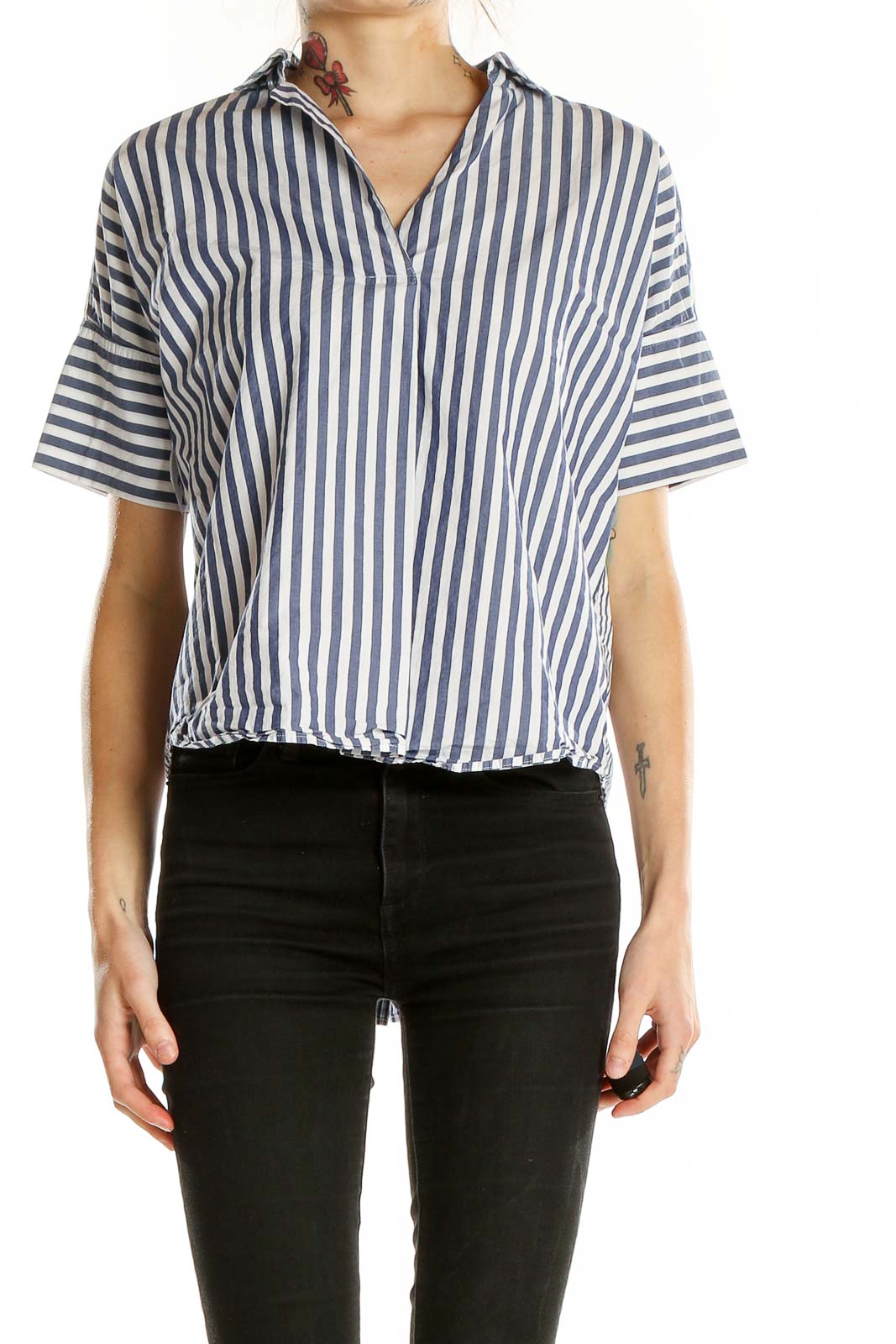 White Blue Collared Shorts Sleeve Striped Top Front