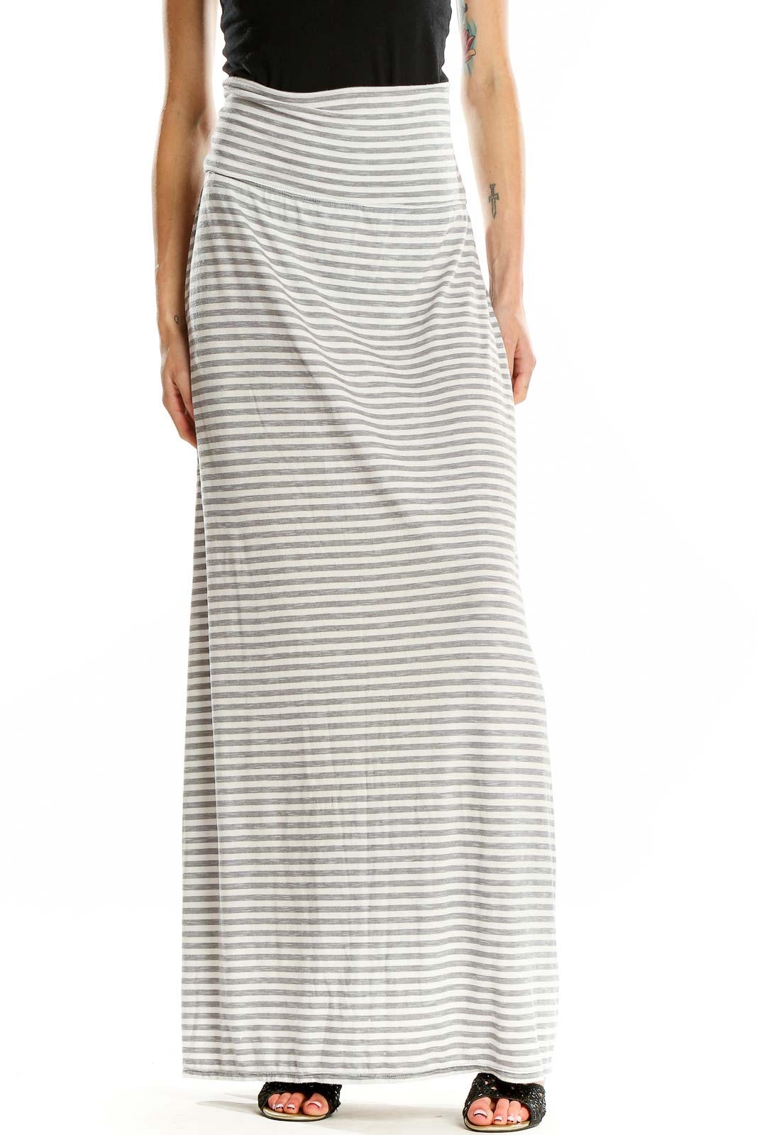 Grey Striped Maxi Skirt Front