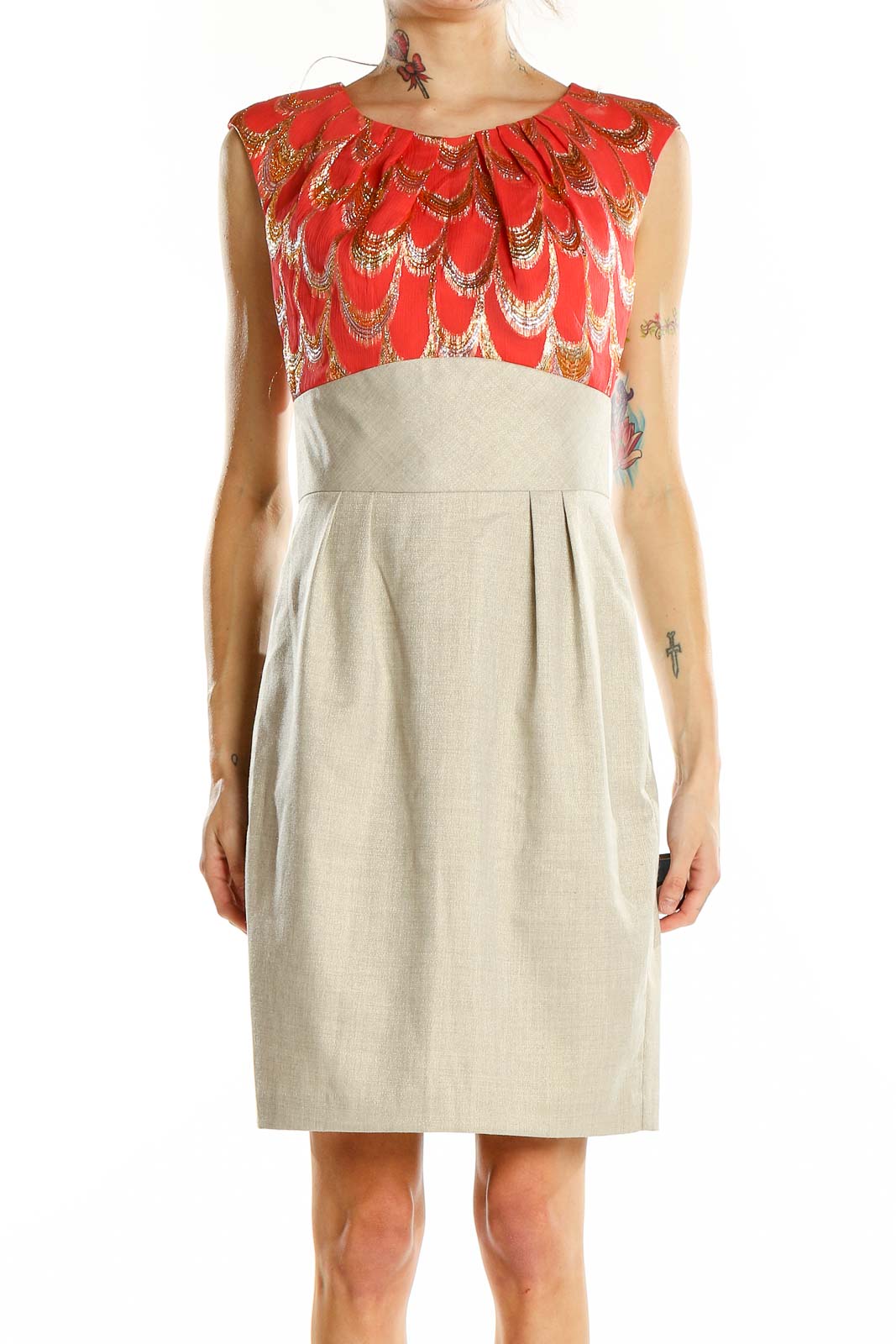Red Beige Mixed Media Sleeveless Dress Front