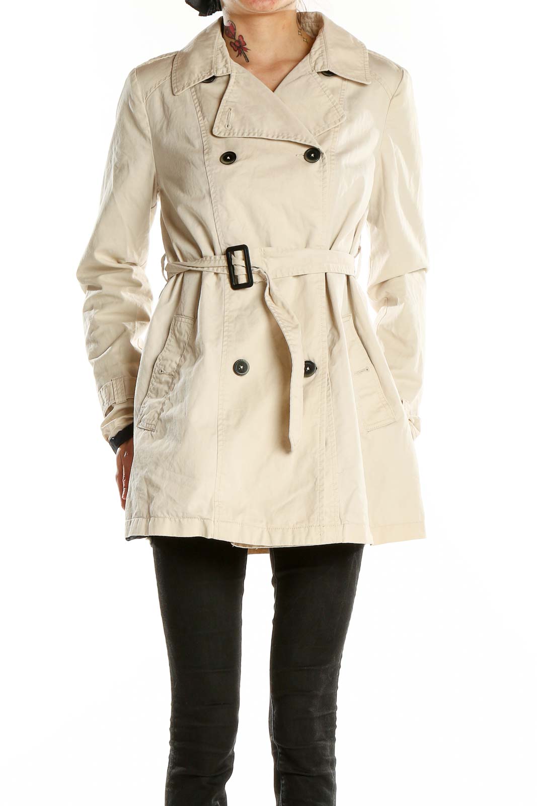 Beige Double Breasted Notch Lapel Coat Front