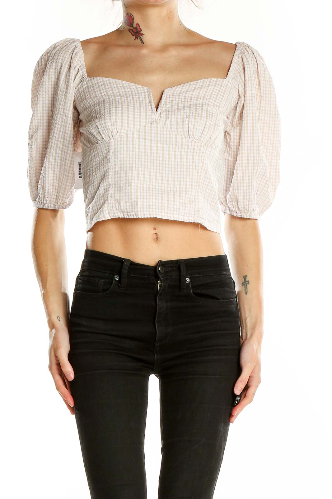 Neutral Sweetheart Neck Plaid Cropped Blouse Front
