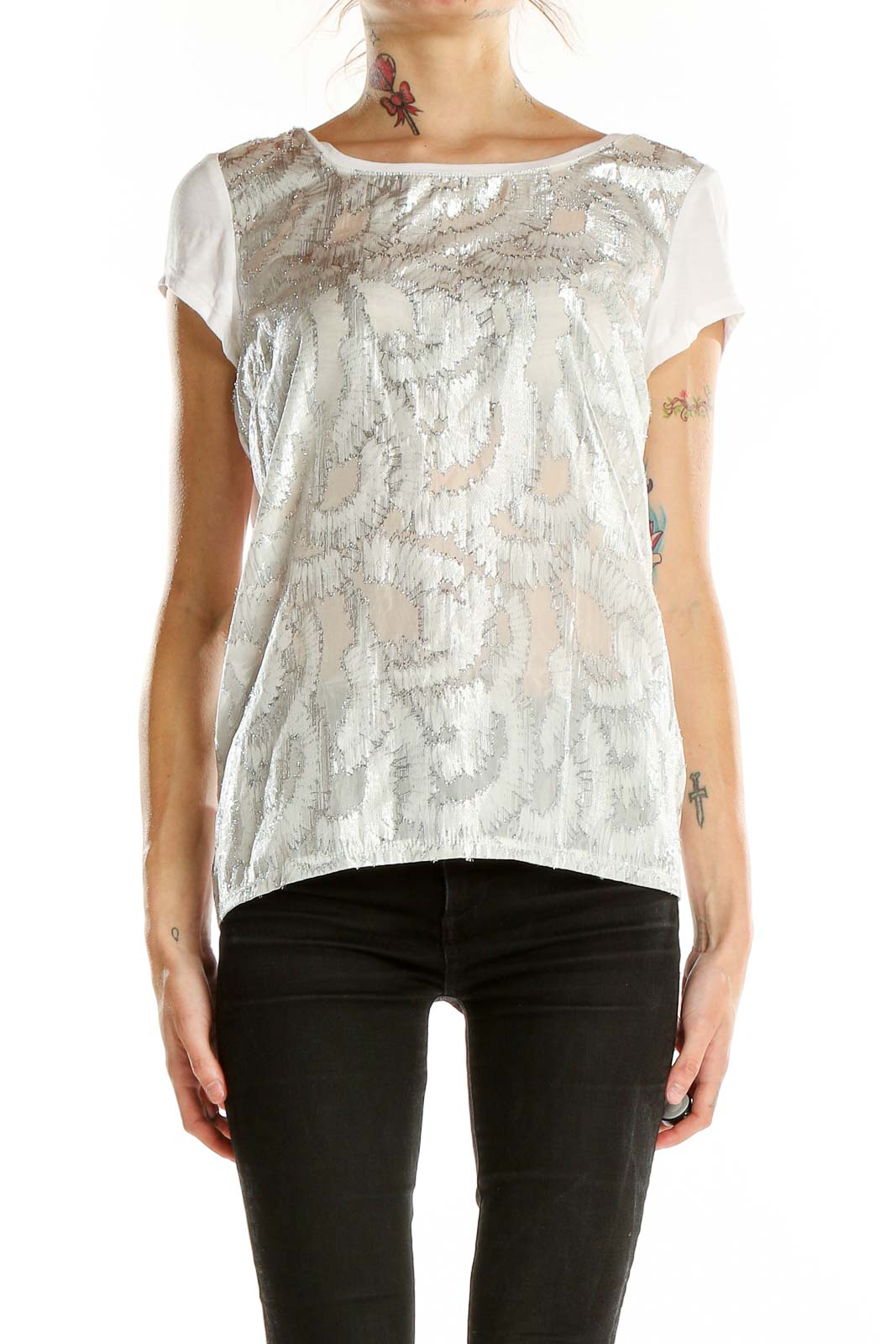 White Silver Shorts Sleeve Print Top Front