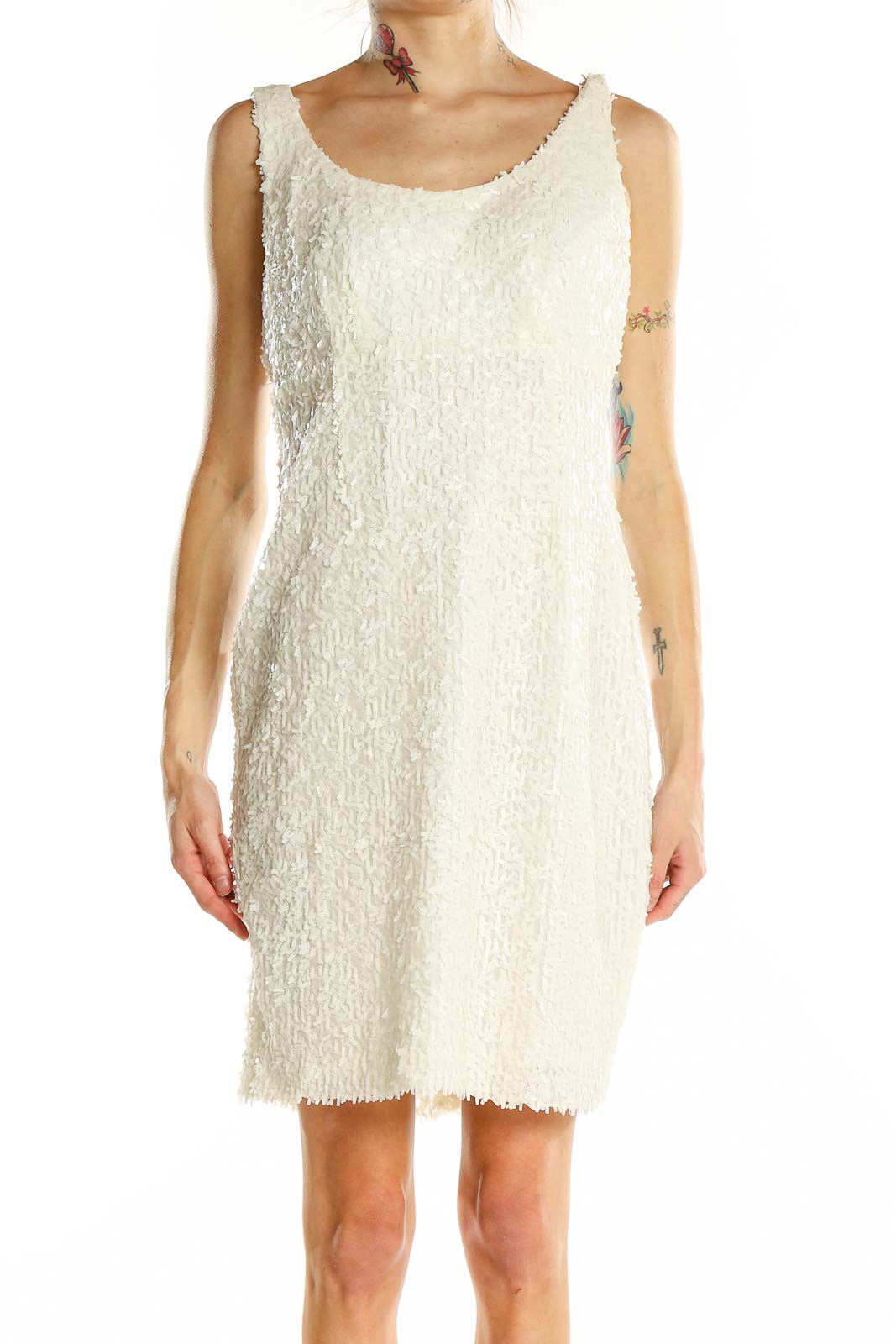 White Textured Fringe Sheath Dress Front