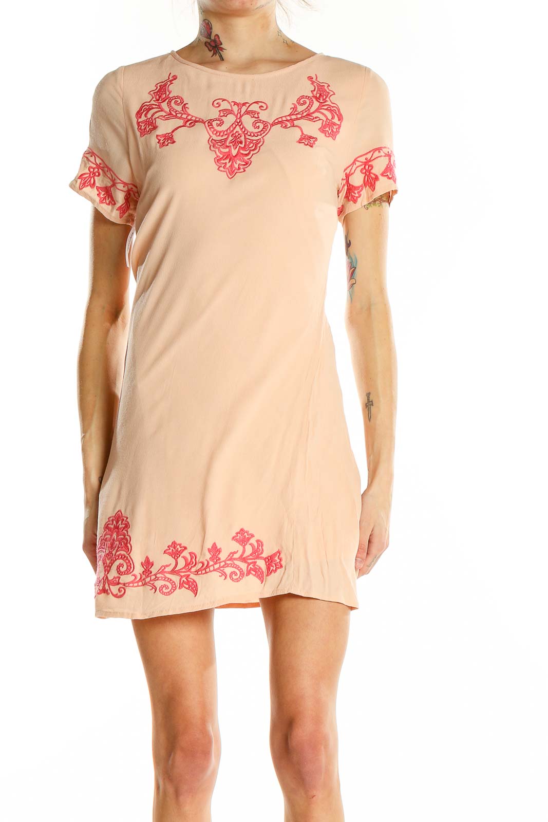 Pink Shorts Sleeve Embroidered Dress Front