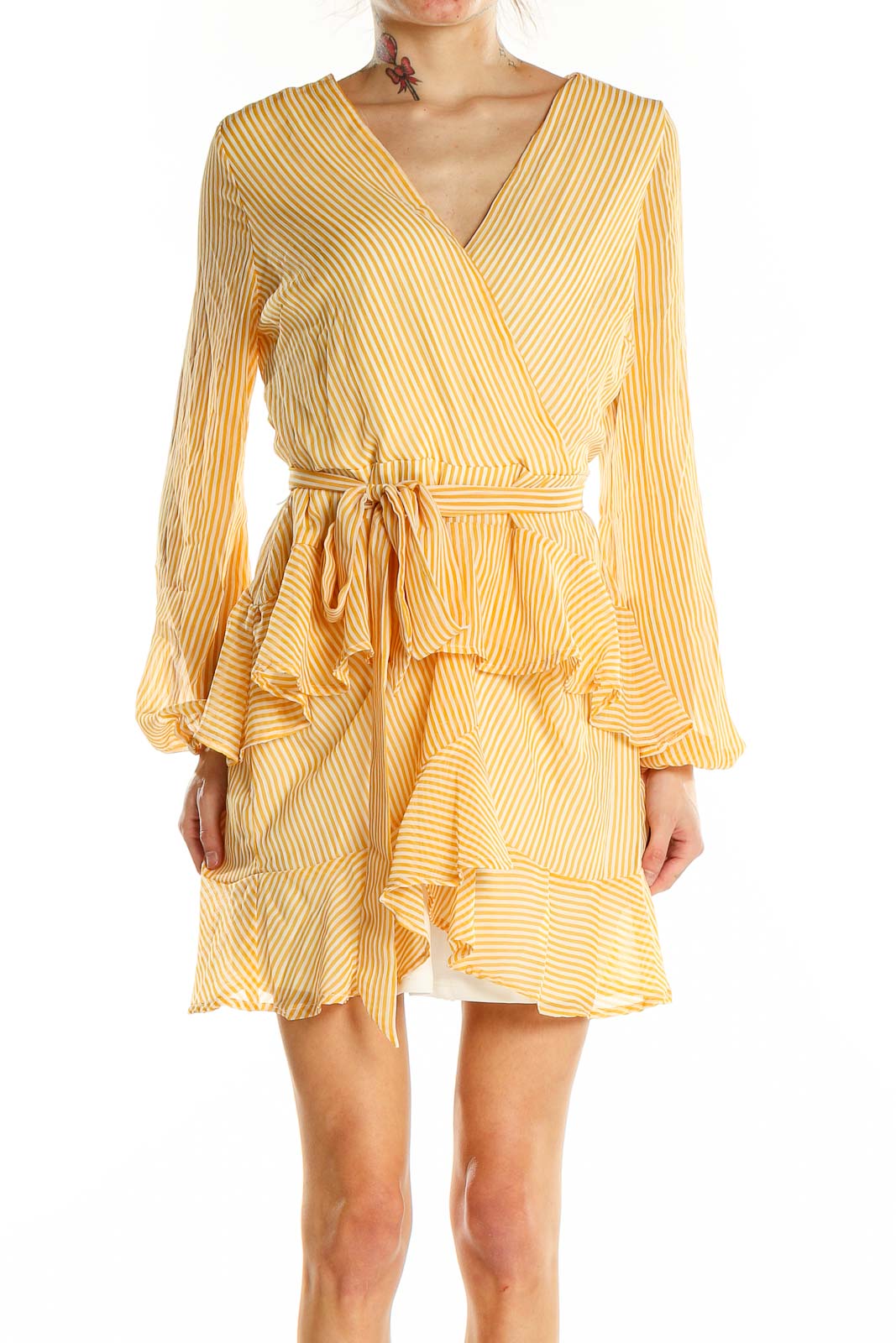 Yellow Wrap Striped Dress Front