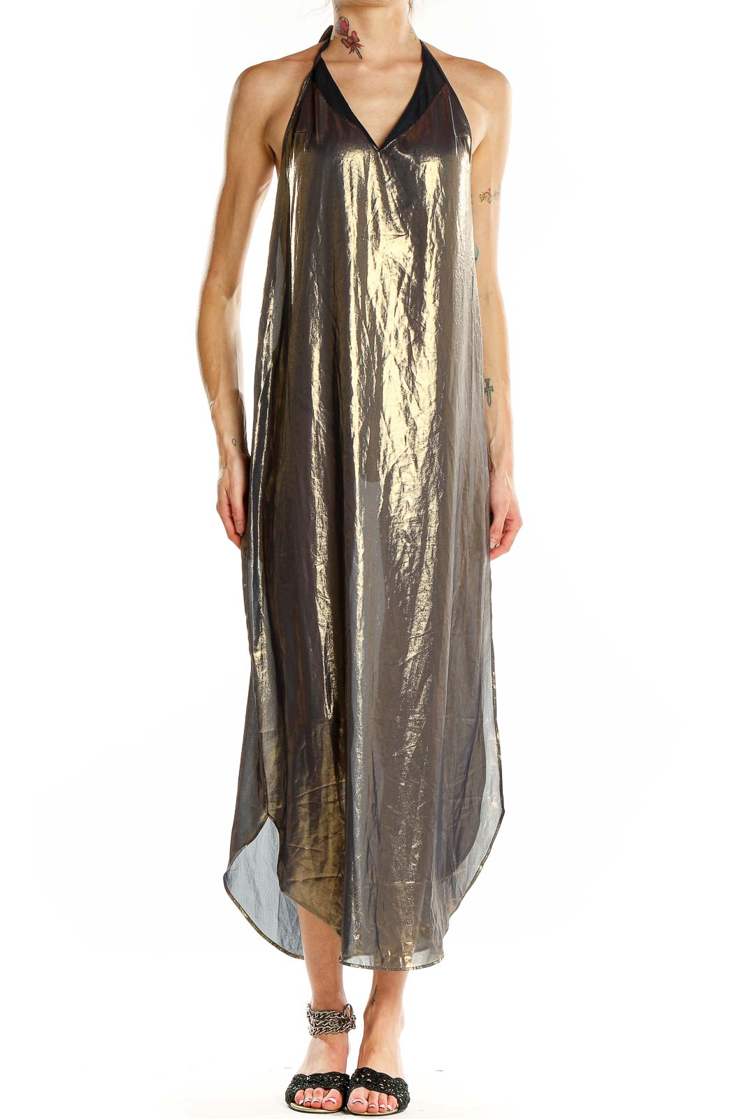Gold Shimmer Semi- Sheer Halter Dress Front