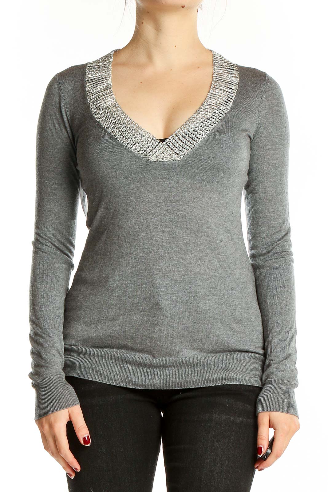 Grey V Neck Sweater Front