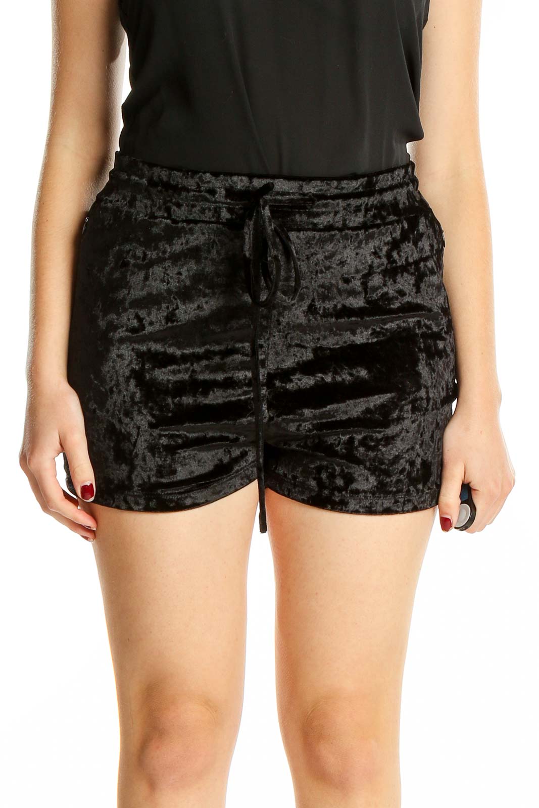 Black Crushed Velvet Shorts Front