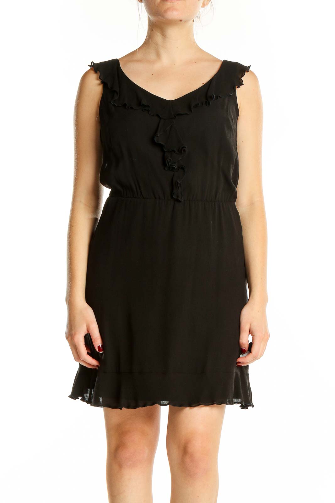 Black V Neck Sleeveless Mini Dress Front