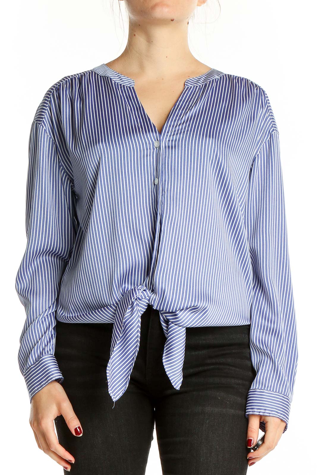 Blue White Long Sleeve Pin Stripe Top Front