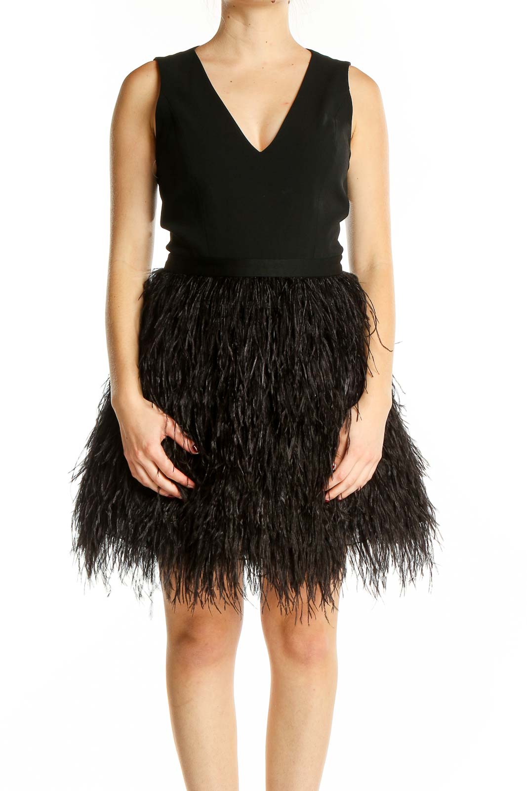 Black Flare V Neck Feather Skirt Dress Front