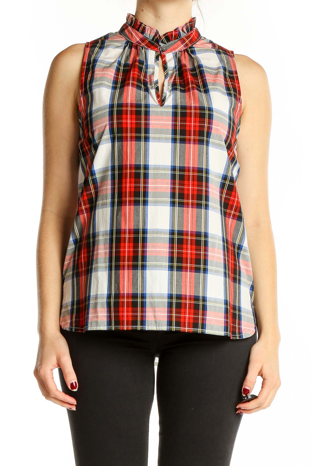 White Red Plaid Sleeveless Mock Neck Top Front