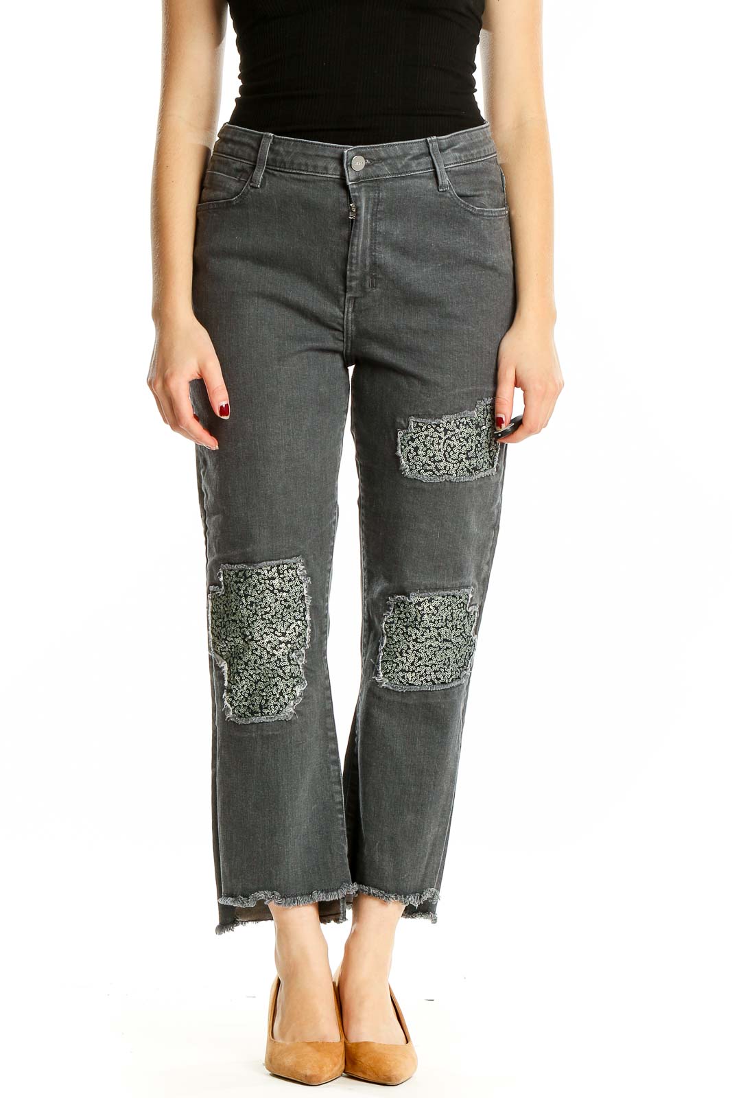 Gray Sequin Jeans Front