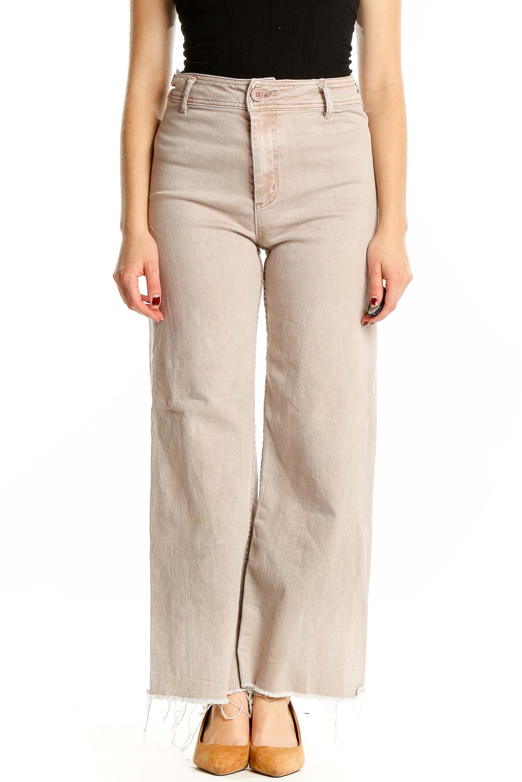 Beige High Waisted Wide Leg Jeans Front