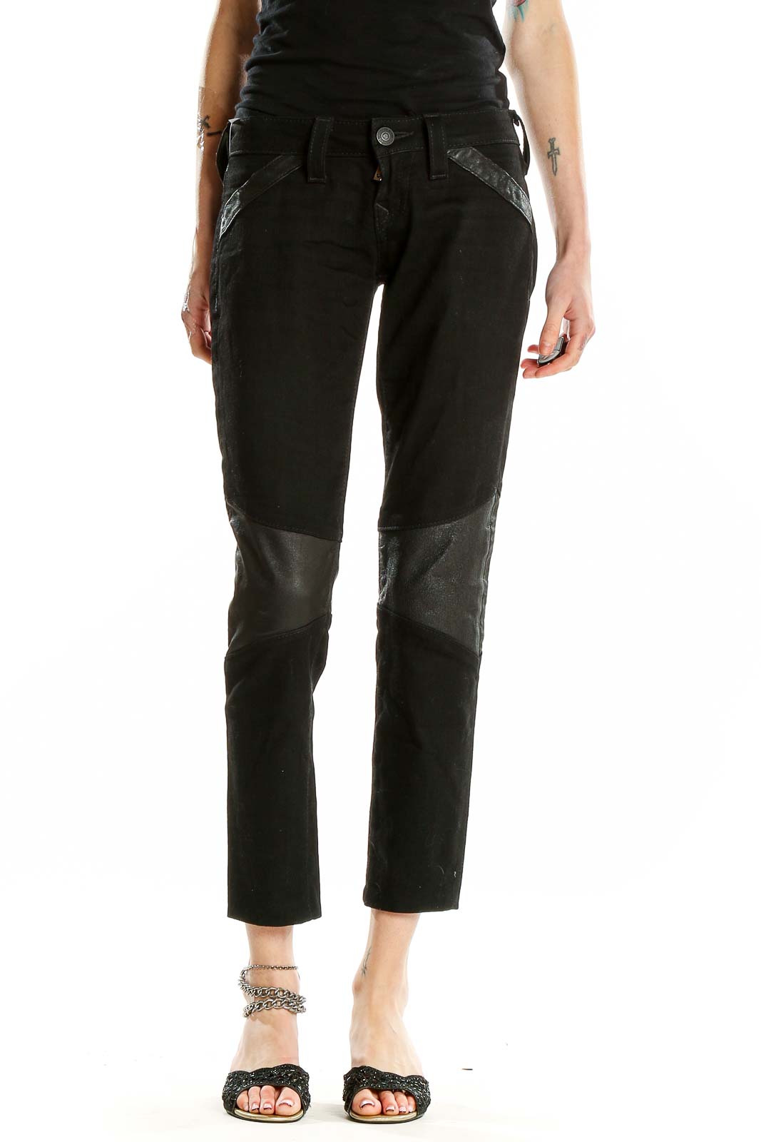 Black Leather Trim Jeans Front