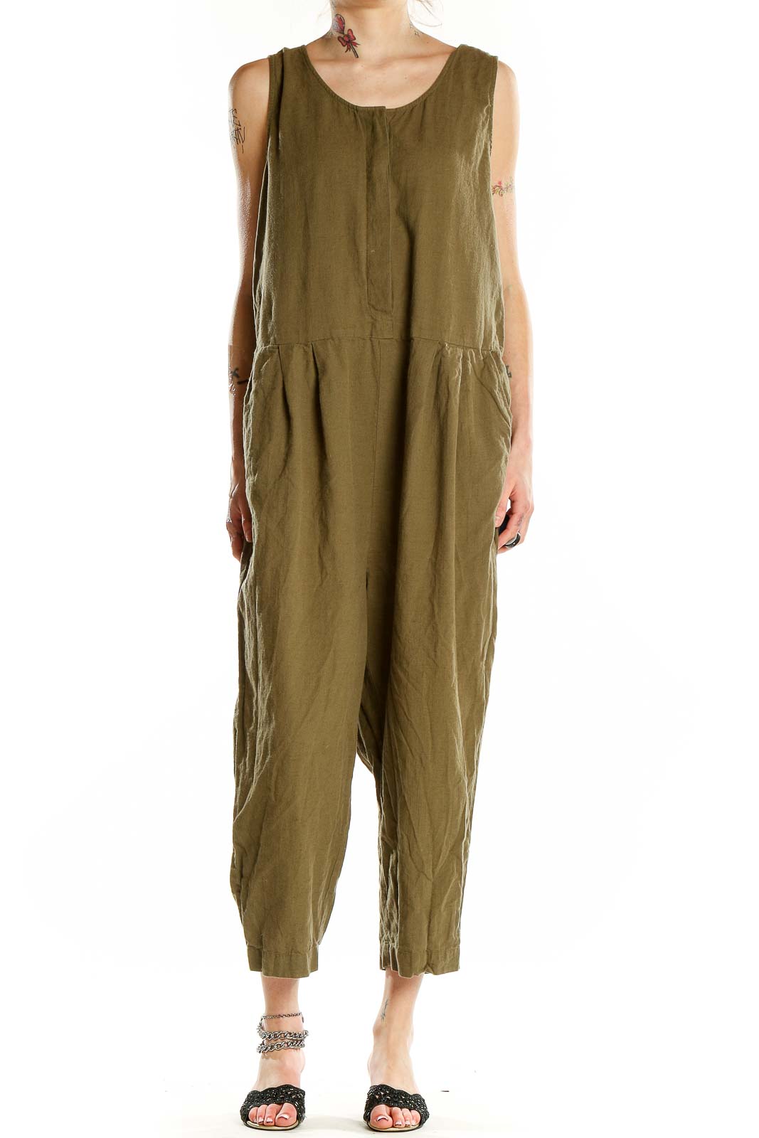 Green Solid Jumpsuit Front