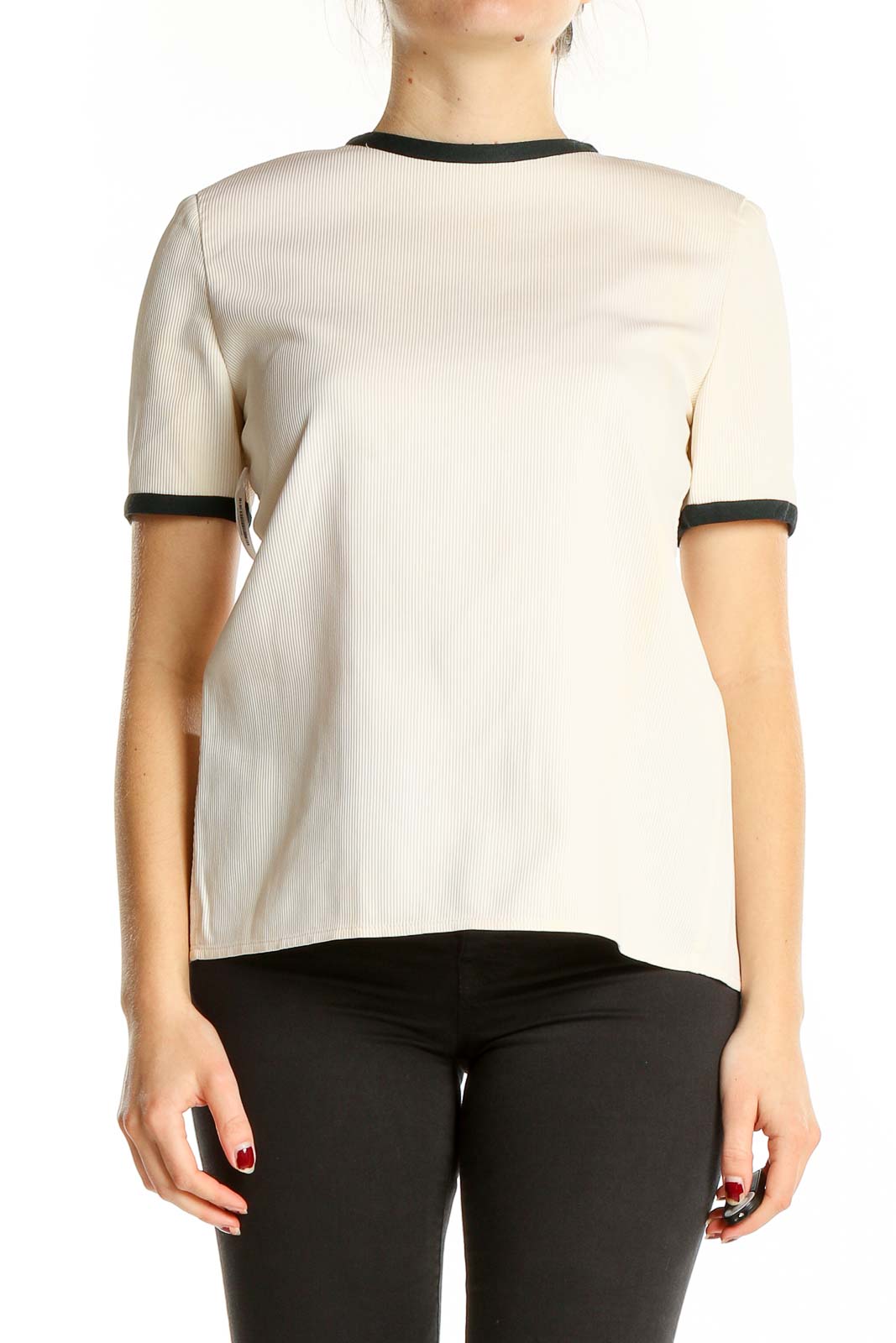 White Black Shorts Sleeve Ribbed Vintage Top Front