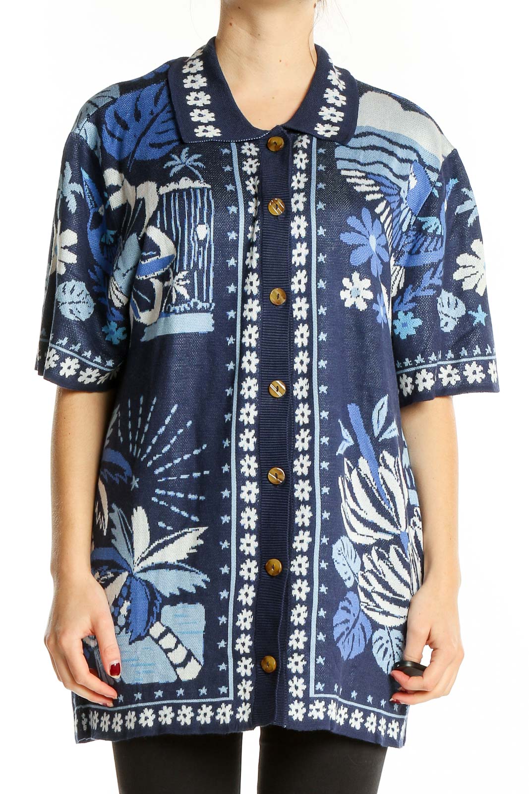 Blue Collared Tropical Print Shirt Front