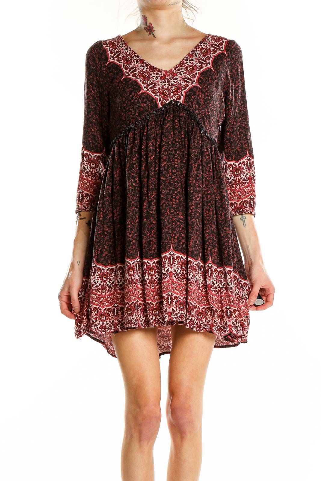 Red Purple Flare Bohemian Printed Dress Front