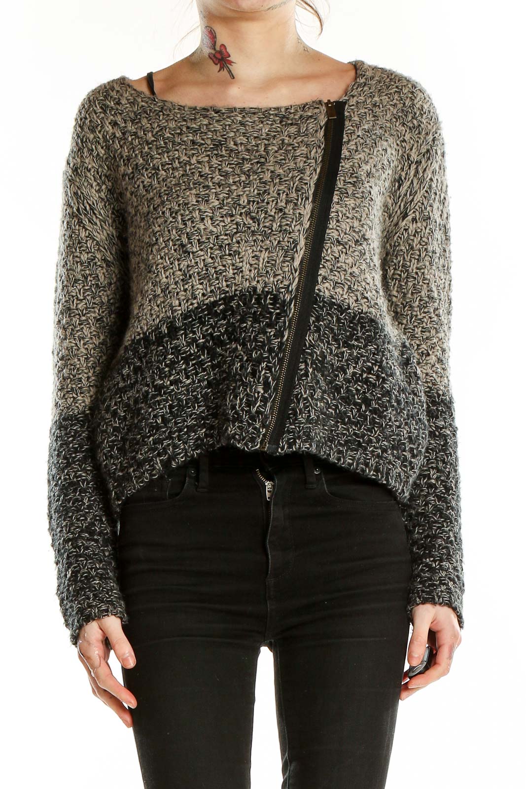 Gray Zip Up Texture Sweater Front