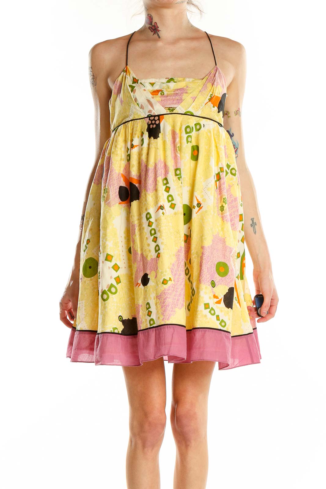 Yellow Flare Floral Print Babydoll Dress Front