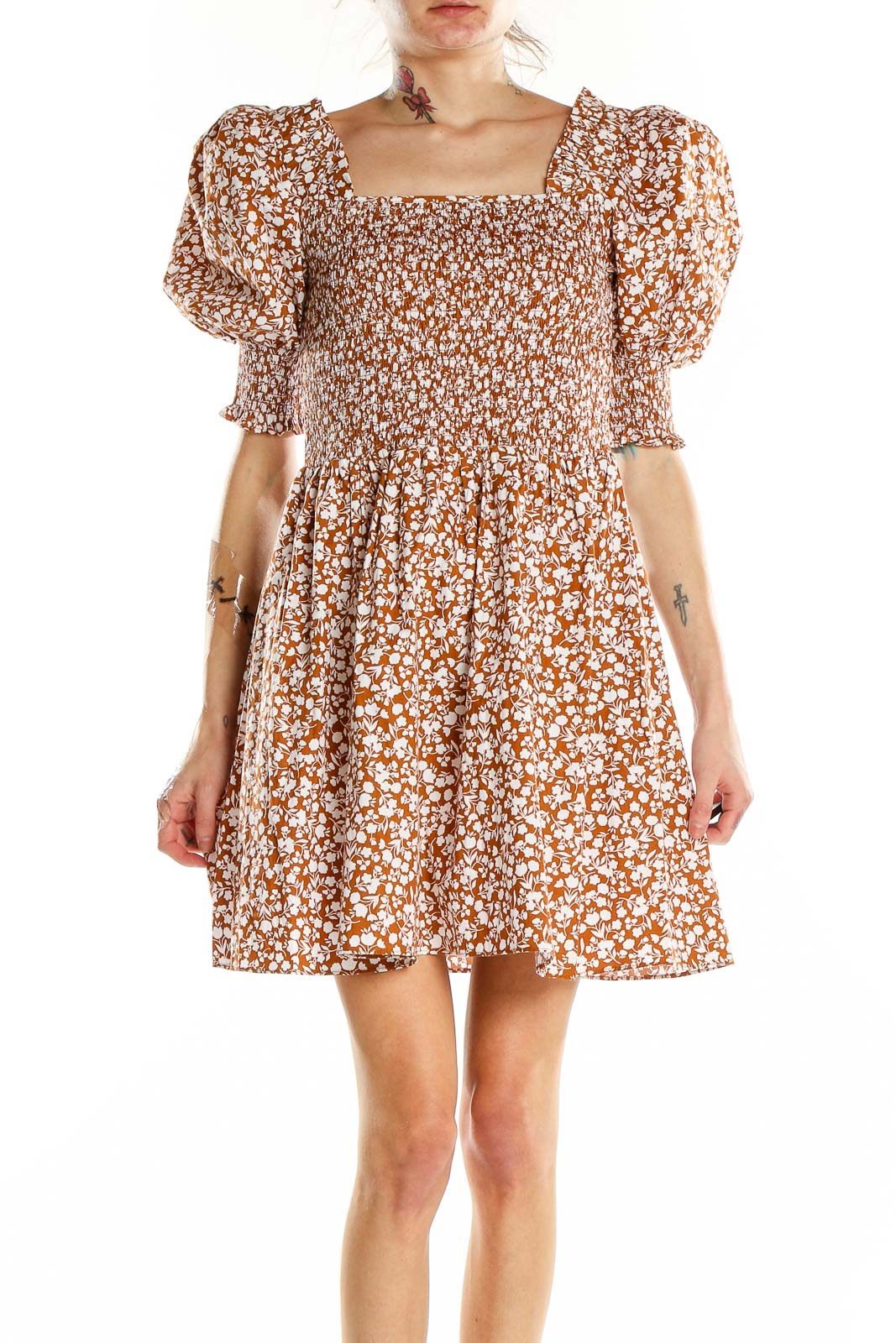 Orange White Flare Puff Sleeve Floral Dress Front
