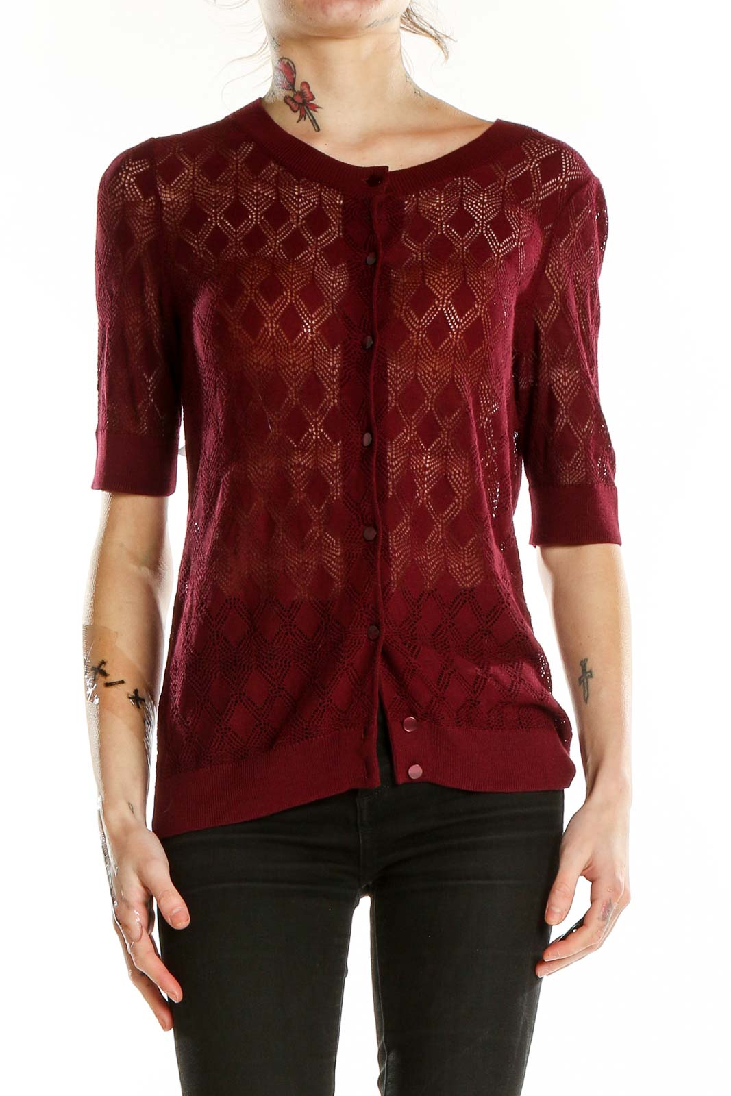 Red 3-4th Sleeve Lace Cardigan Front