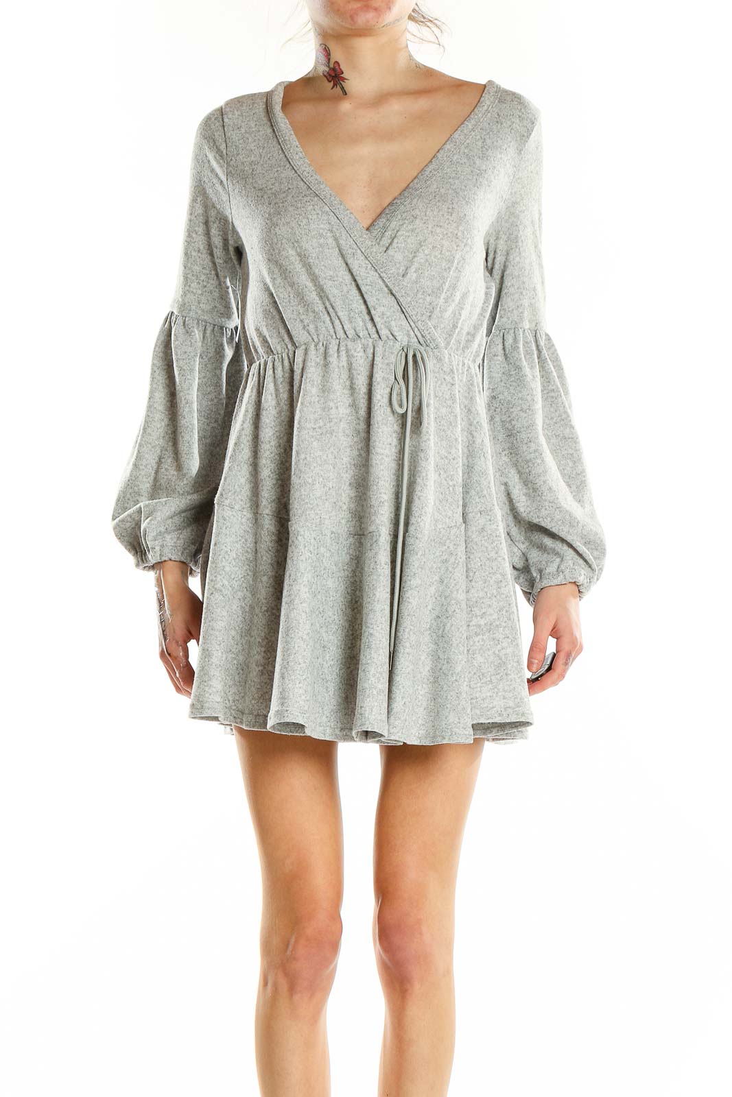 Grey Flare Long Sleeve Knit Dress Front