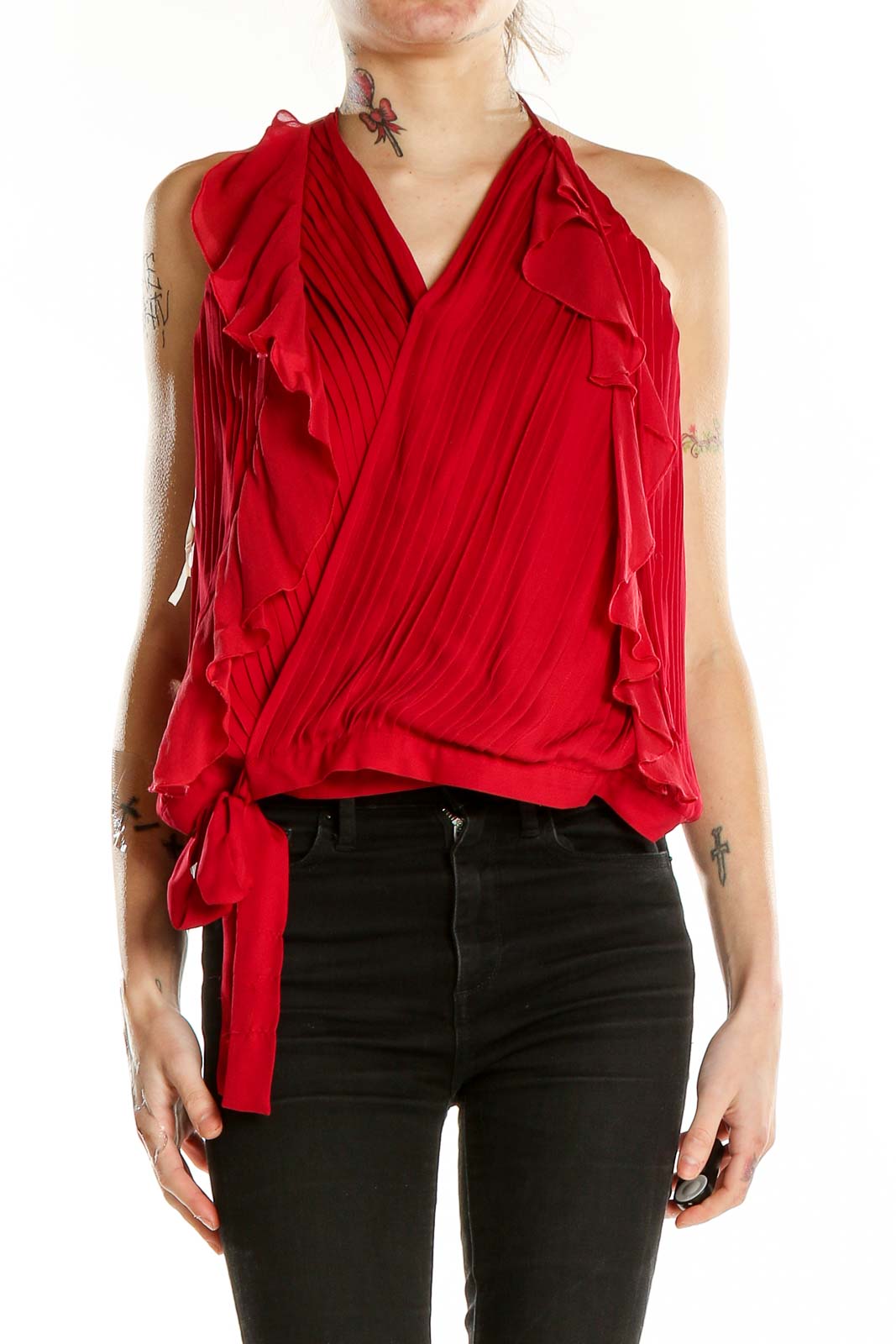Red Halter Silk Blouse Front