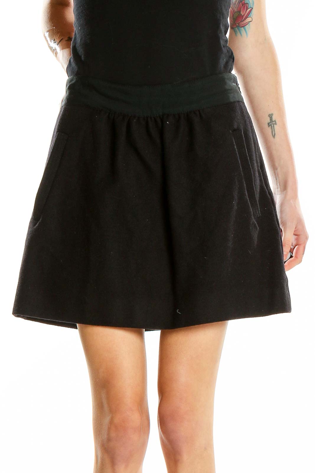 Black Wool Flare Mini Skirt Front