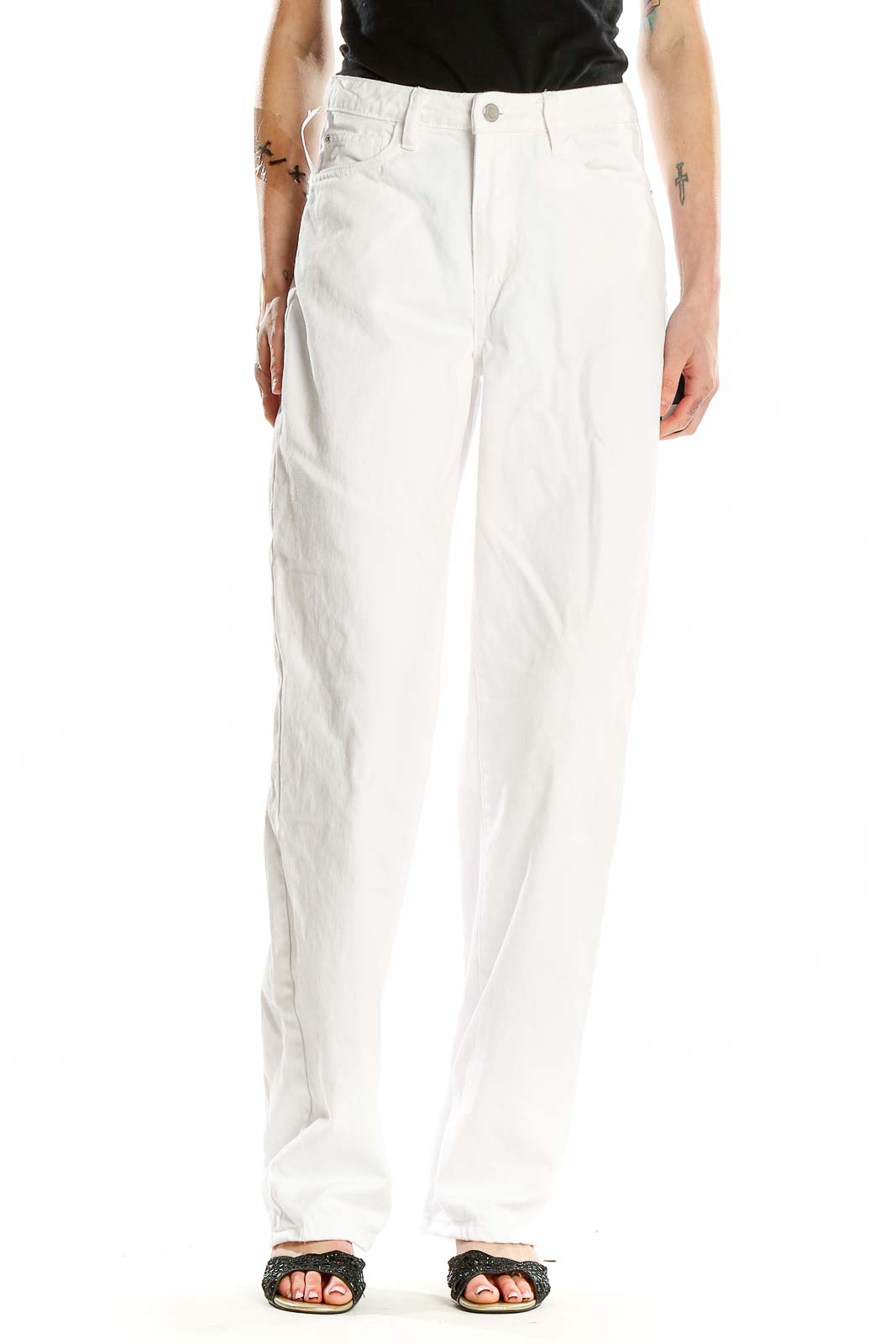 White High Waisted Straight Leg Jeans Front