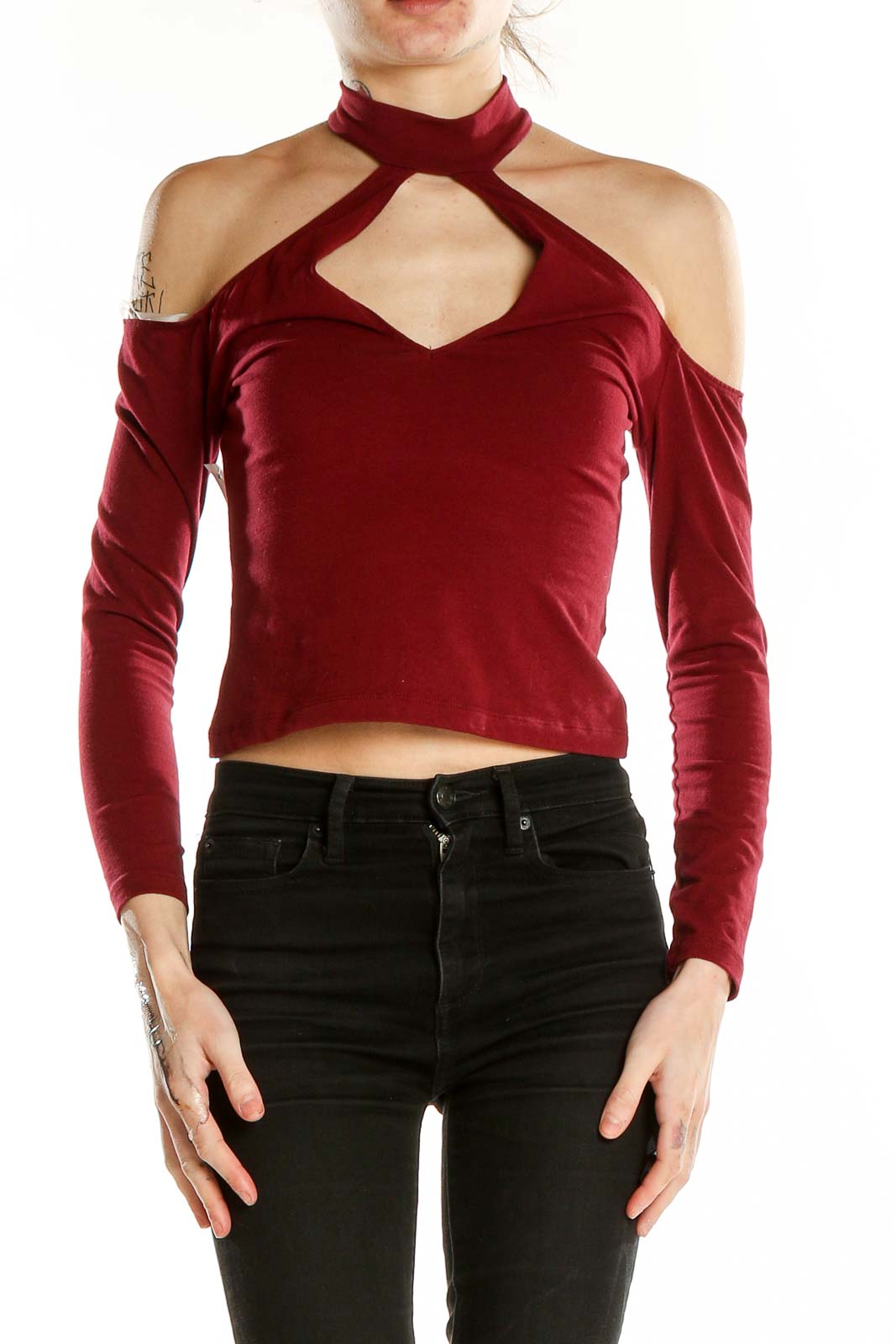 Red Long Sleeve Cut Out Top Front
