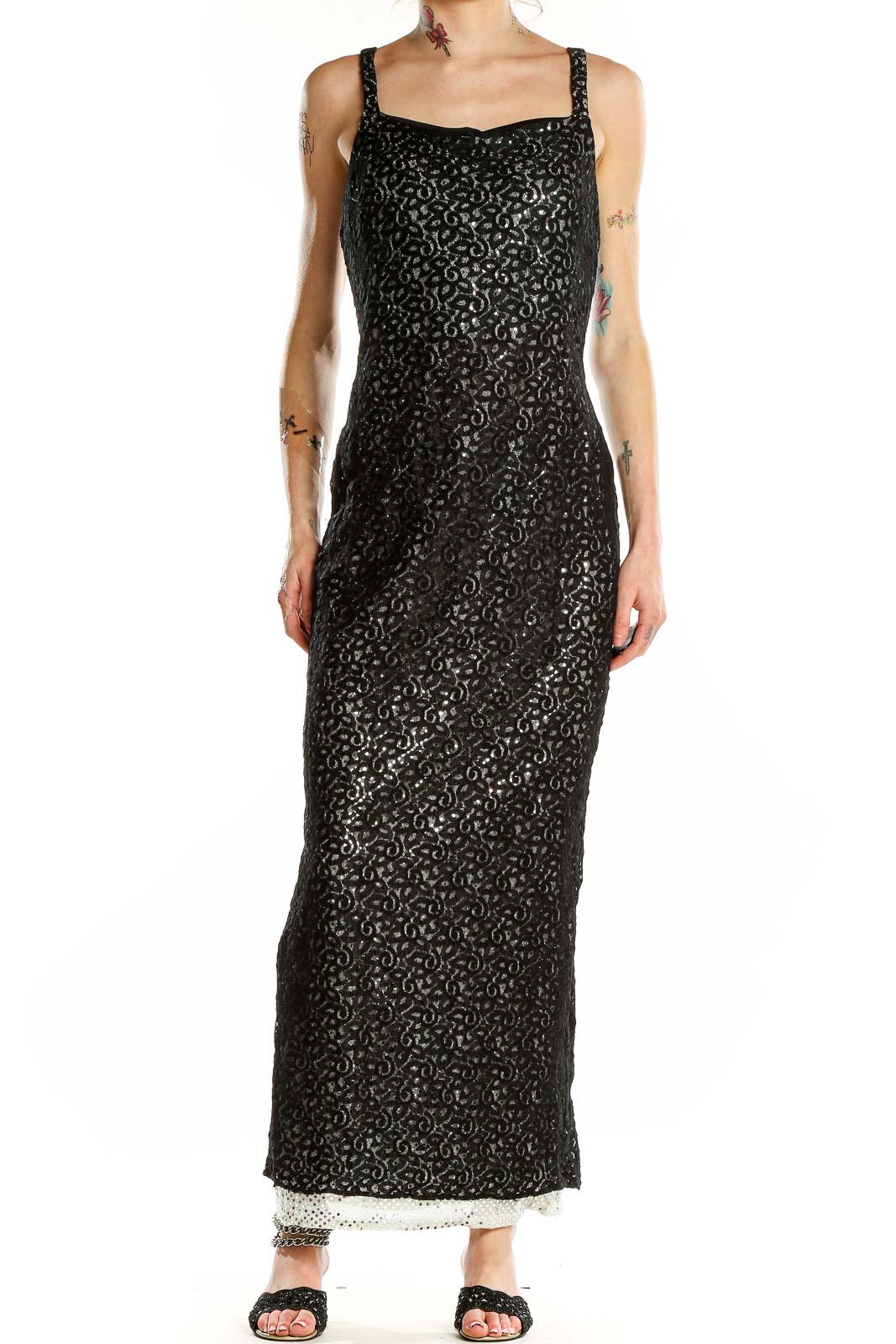 Black Sequin Sleeveless Evening Dress Front