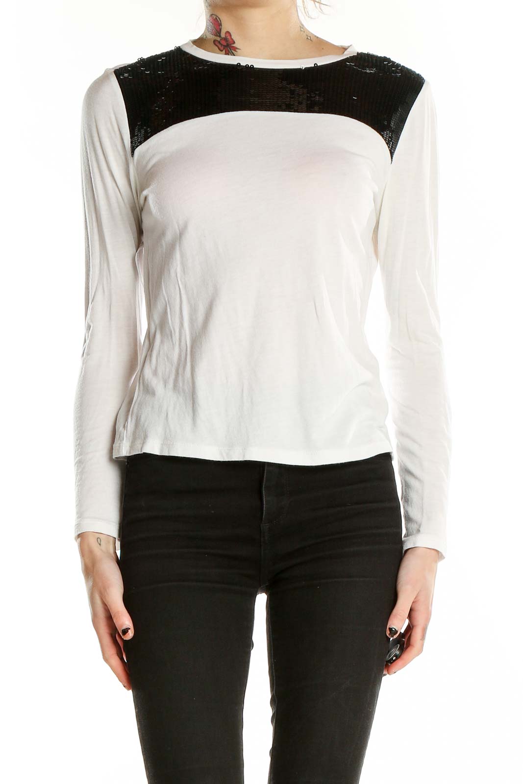 White Black Long Sleeve Sequin Shirt Front